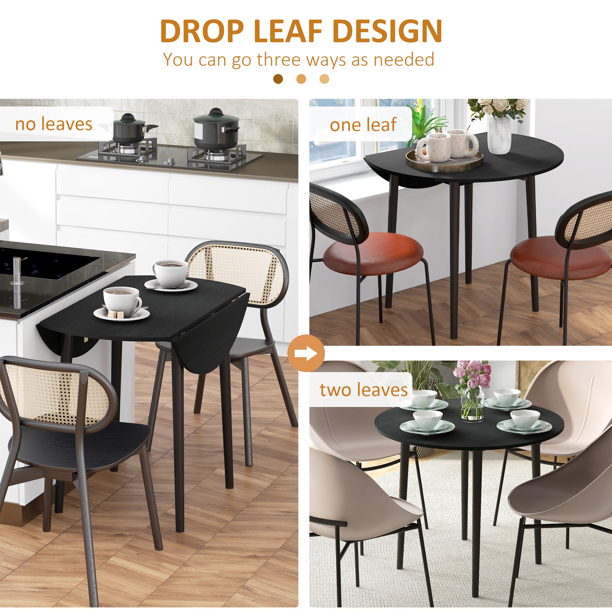 Folding Dining Table, Round Drop Leaf Kitchen Table for Small Spaces with Wood Legs, Black