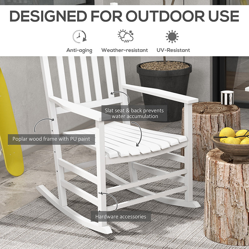 Wooden Rocking Chair Set, Curved Armrests, High Back, Slatted Top Table Outdoor Rocker Set, White