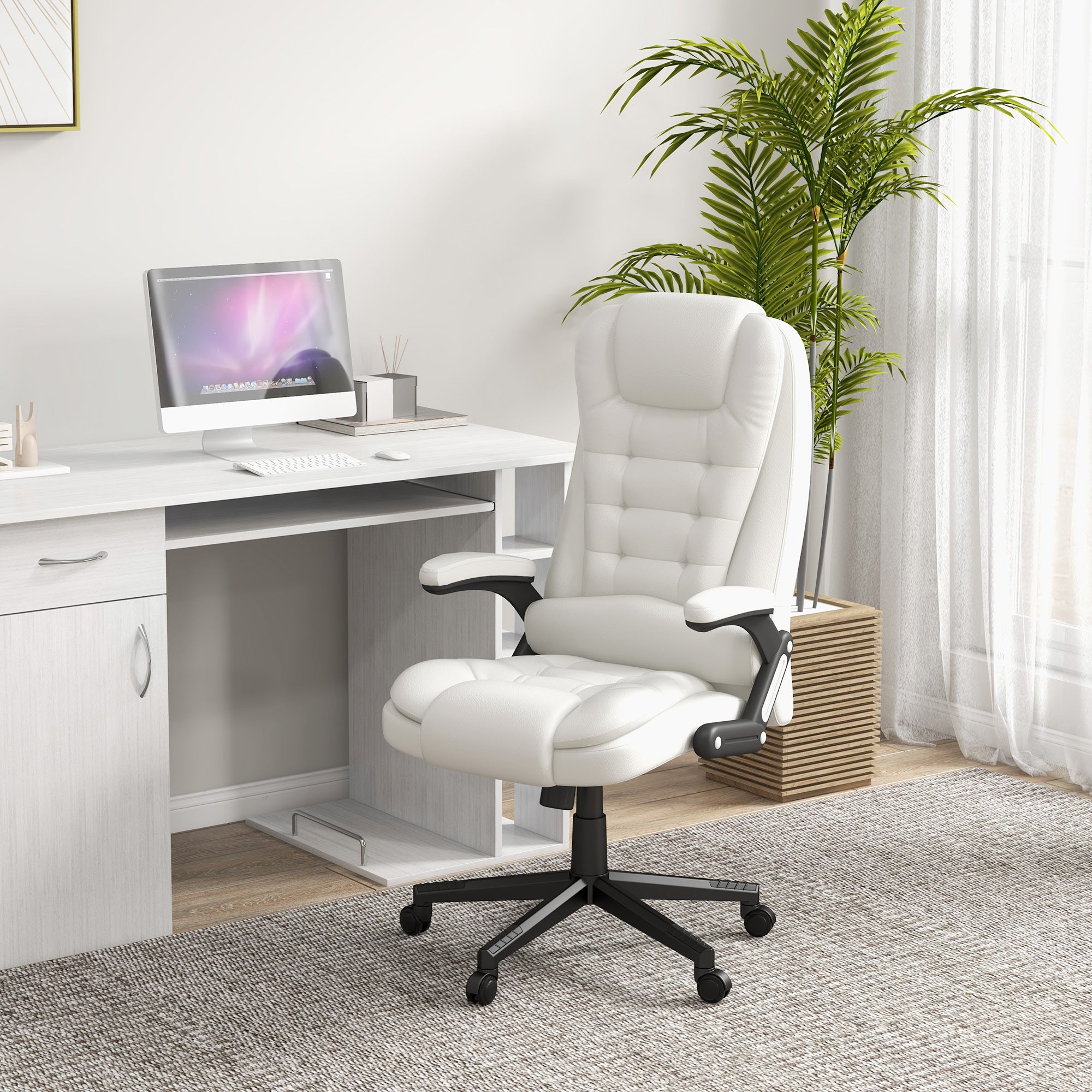 Massage Office Chair, Heated Reclining Computer Chair with 6 Vibration Points, Armrest and Remote, White