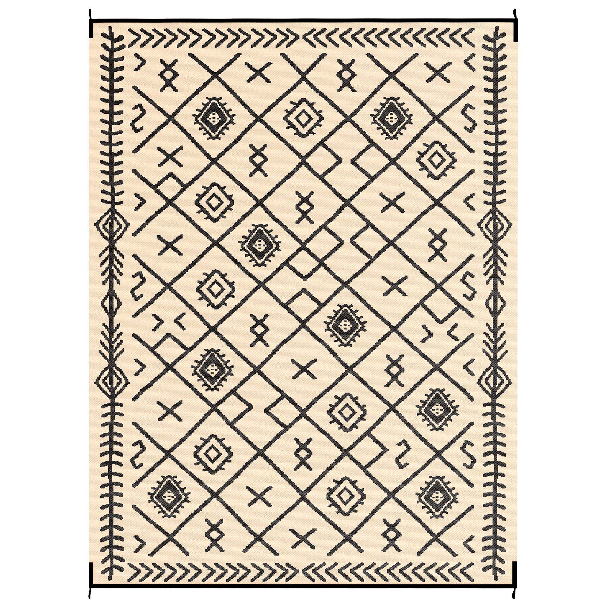 Reversible Outdoor Rug, Waterproof Plastic Straw with Carry Bag, 9' x 12', Black & Beige Rhombus