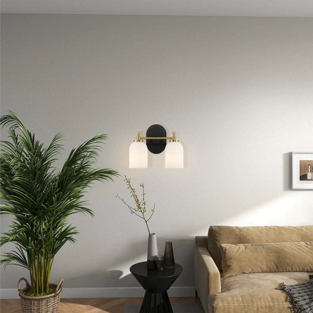 Vortex Two Lights Vanity Wall Sconce with White Frosted Glass, Traditional Style for Over Bathroom Mirror, 10.5" L x 5.5" W x 10" H, Gold+White