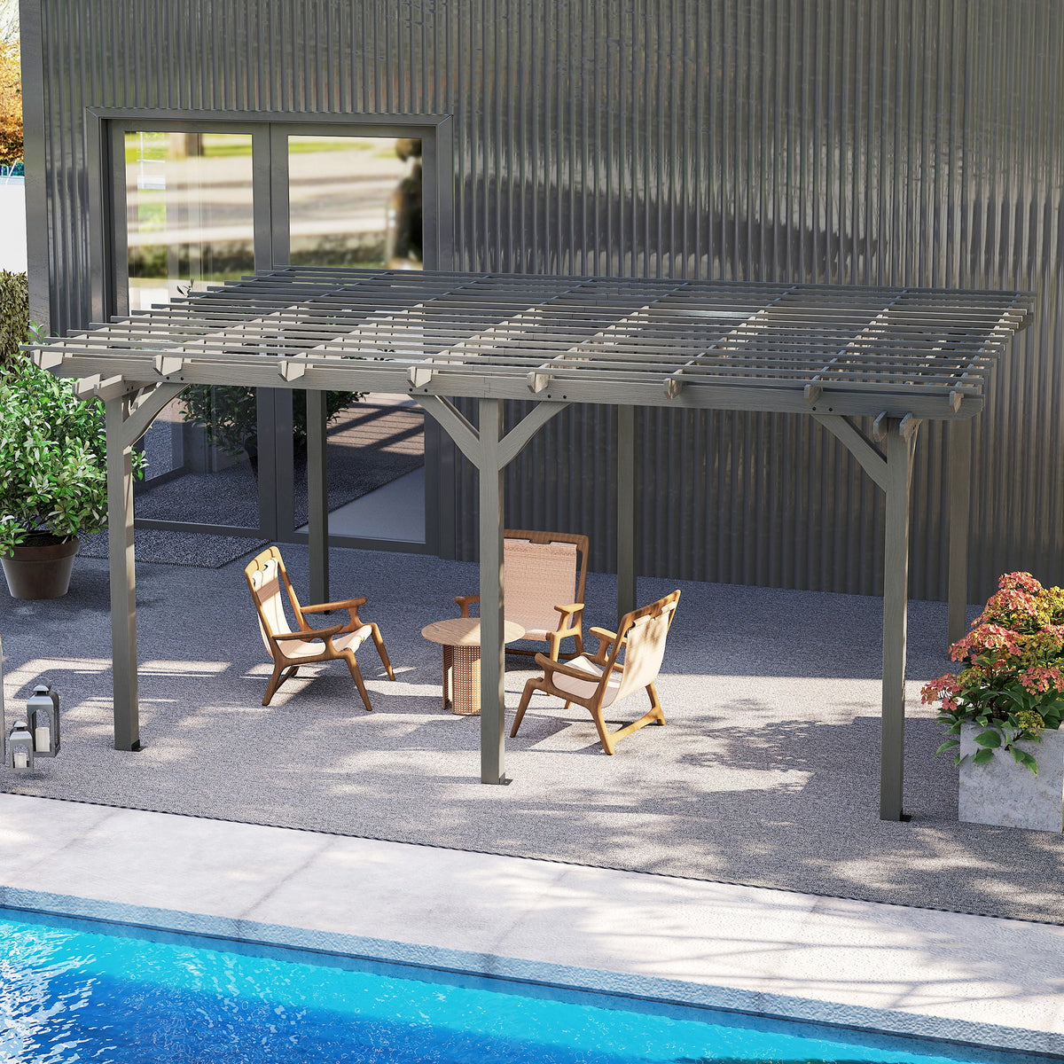 12' x 16' Outdoor Pergola, Wood Gazebo Grape Trellis with Stable Structure for Climbing Plant Support, Gray