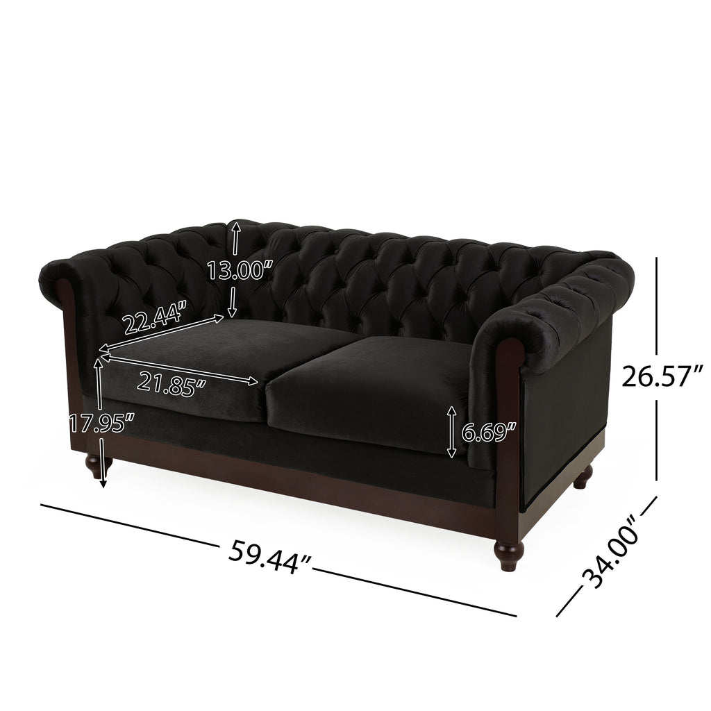 Chesterfield Velvet Loveseat Sofa, 2-Person Rolled Arm Upholstered Couch, with Tufted Buttons, Pine Wood Frame, 59.50" Wx34.00" Dx27.00" H, Black
