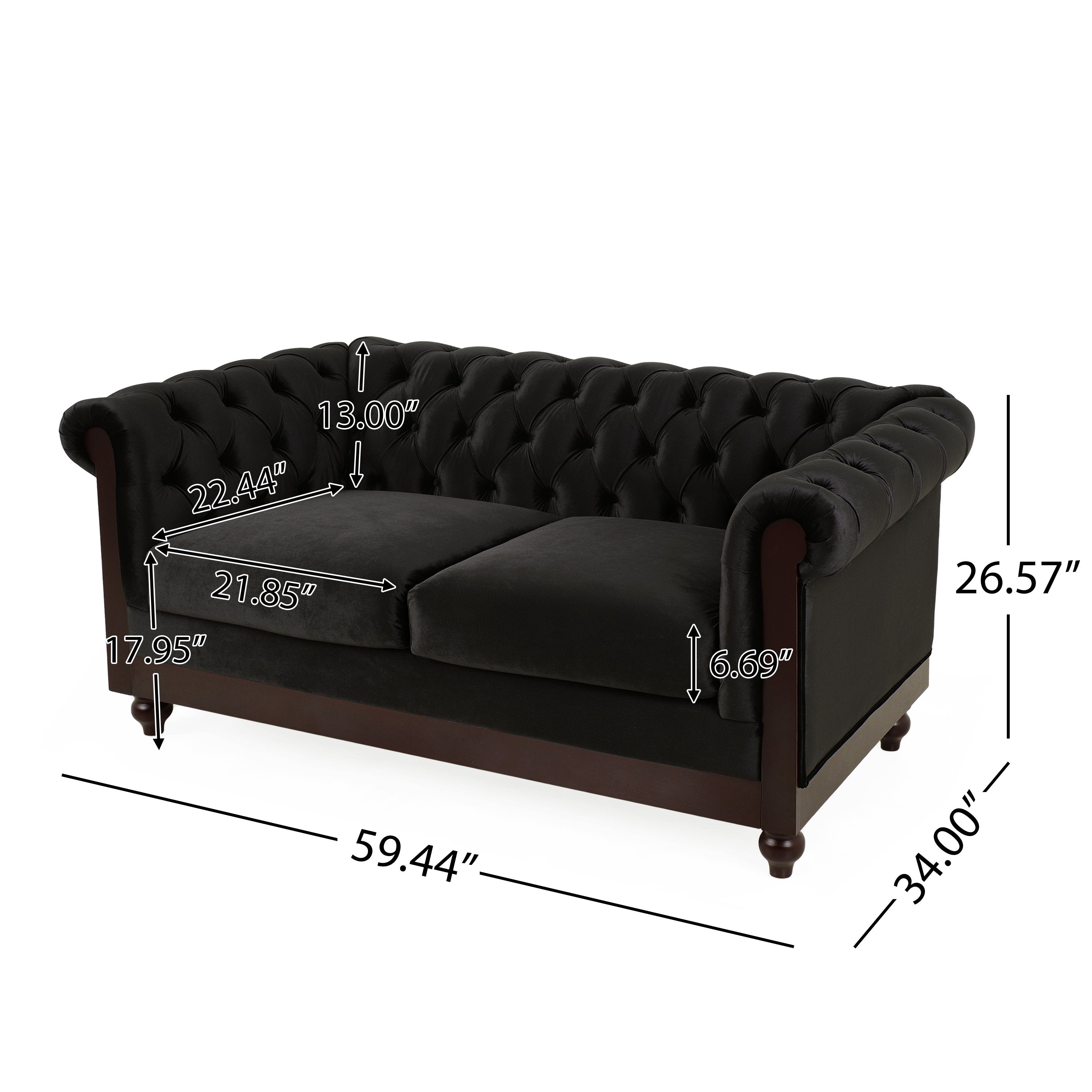 Chesterfield Velvet Loveseat Sofa, 2-Person Rolled Arm Upholstered Couch, with Tufted Buttons, Pine Wood Frame, 59.50" Wx34.00" Dx27.00" H, Black