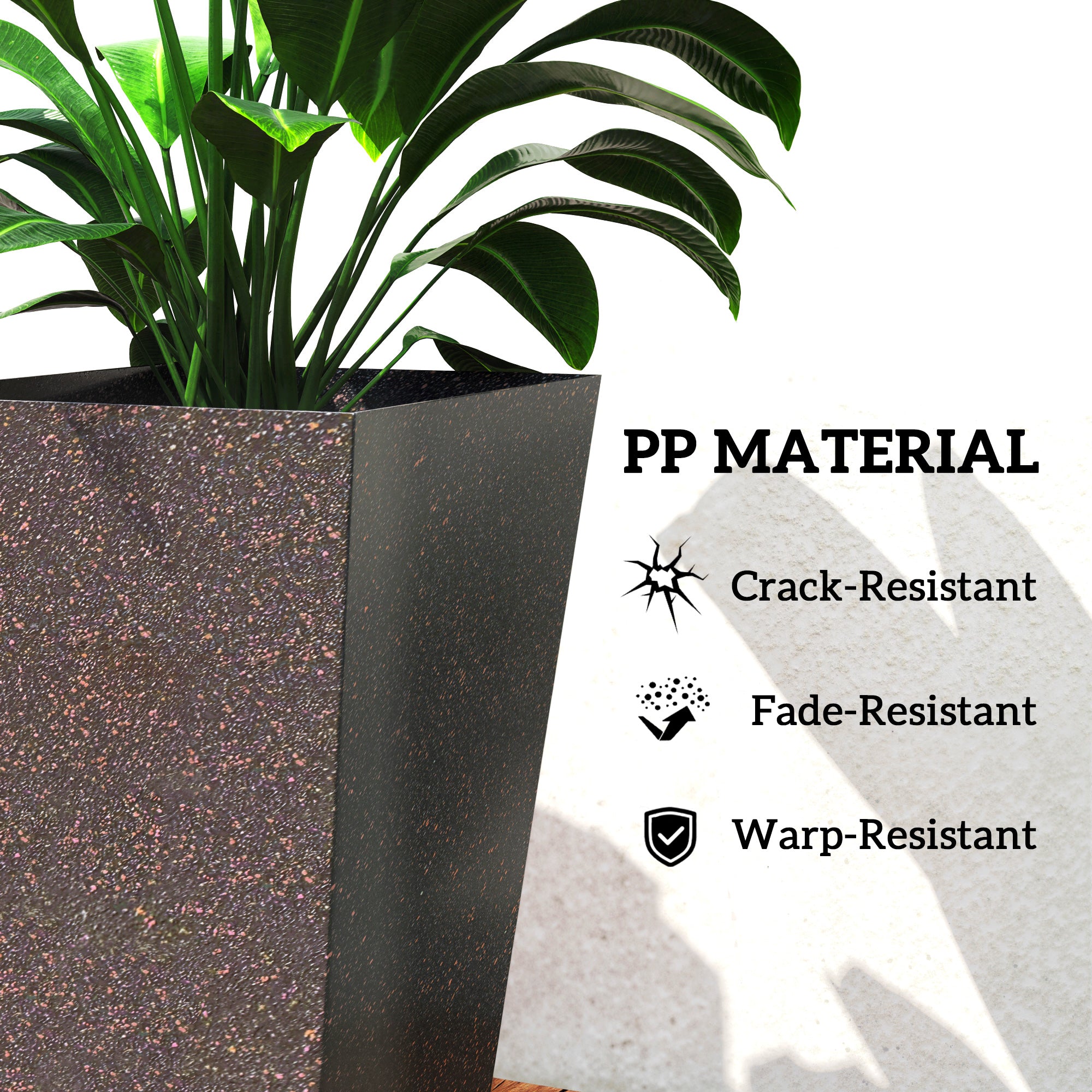 28" Tall Planters, Set of 3 Plastic Flower Pots with Marble Finish and Drainage Holes, Stackable Taper Planters, Brown