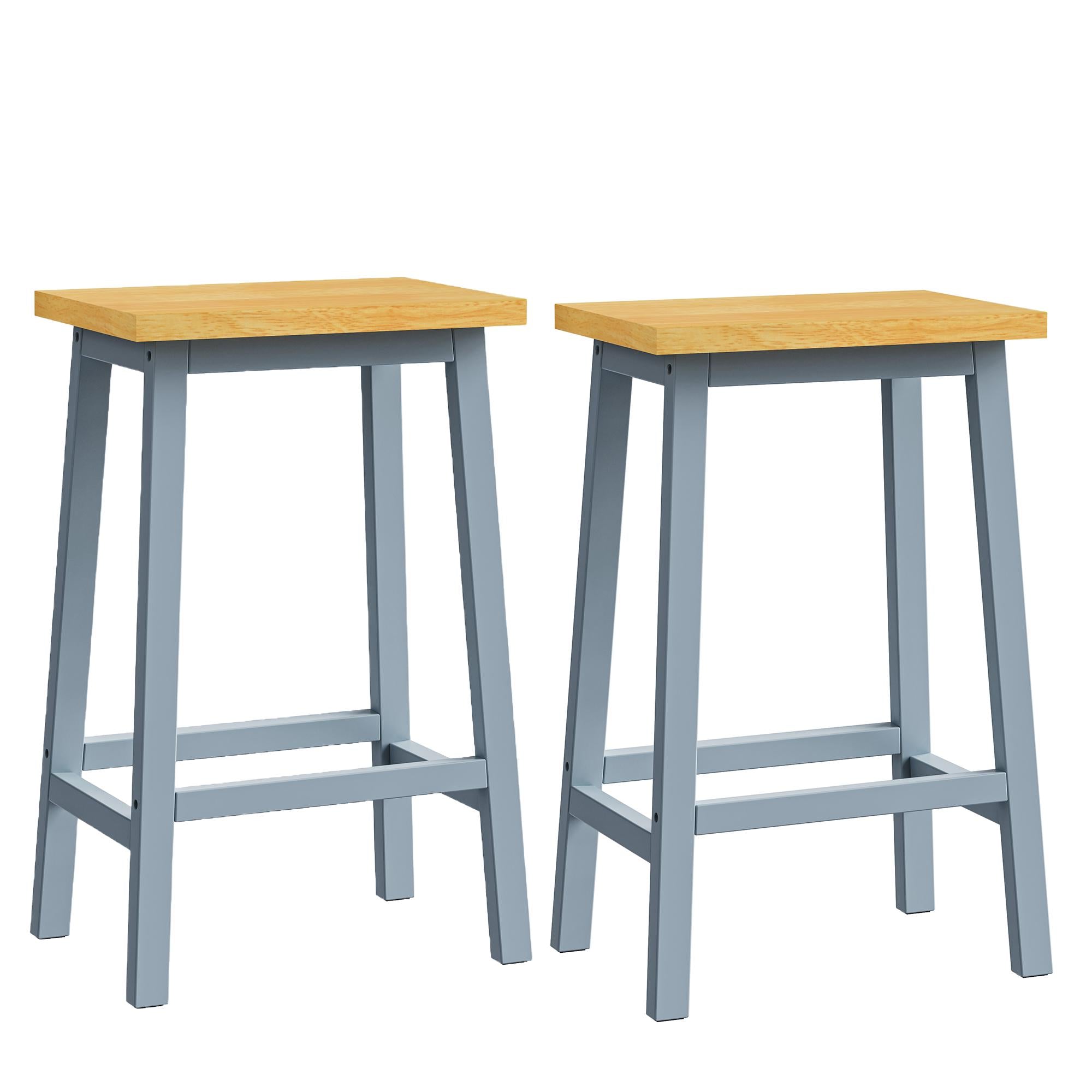 Solid Wood Bar Stools Set of 2, Tall Kitchen Counter Stools with Footrests, Farmhouse Style, Anti-Scratch Pads, 16" L x 11" W x 25.5" H, Gray+Blue