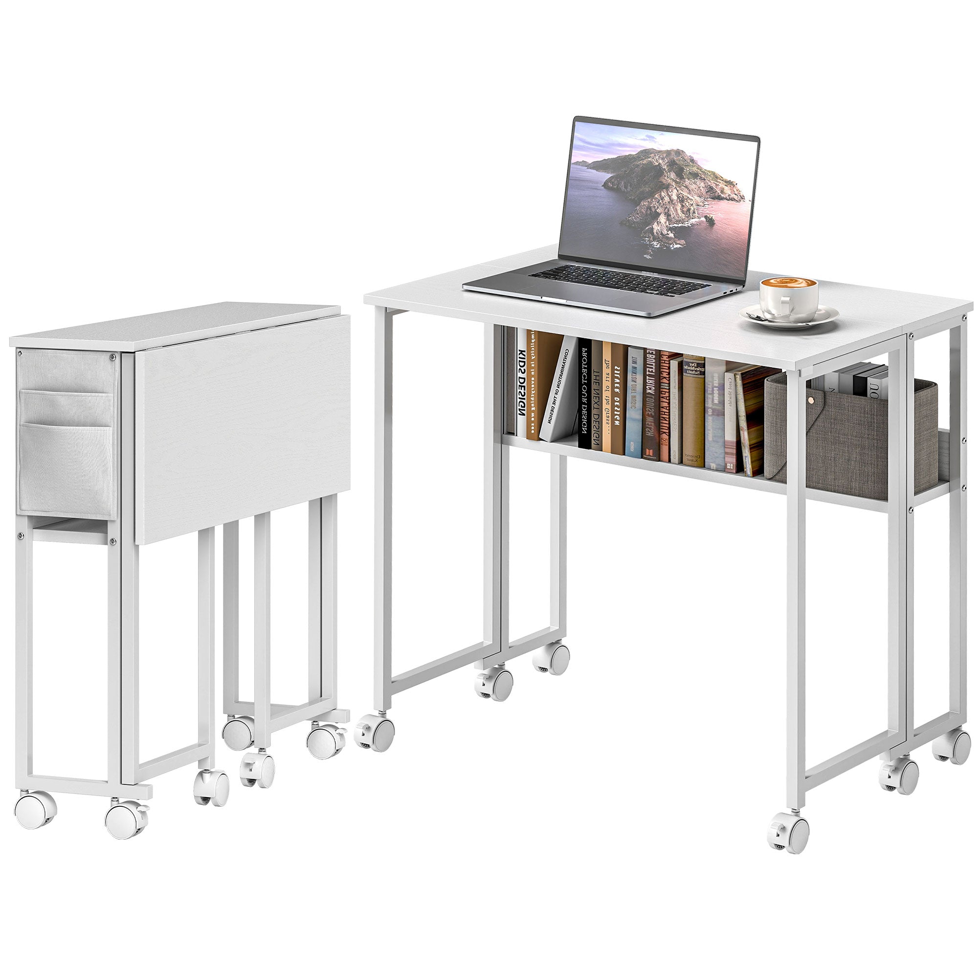 Folding Computer Desk, Foldable Desk with Storage Bag, Shelf and Wheels for Small Spaces, Home Office, White