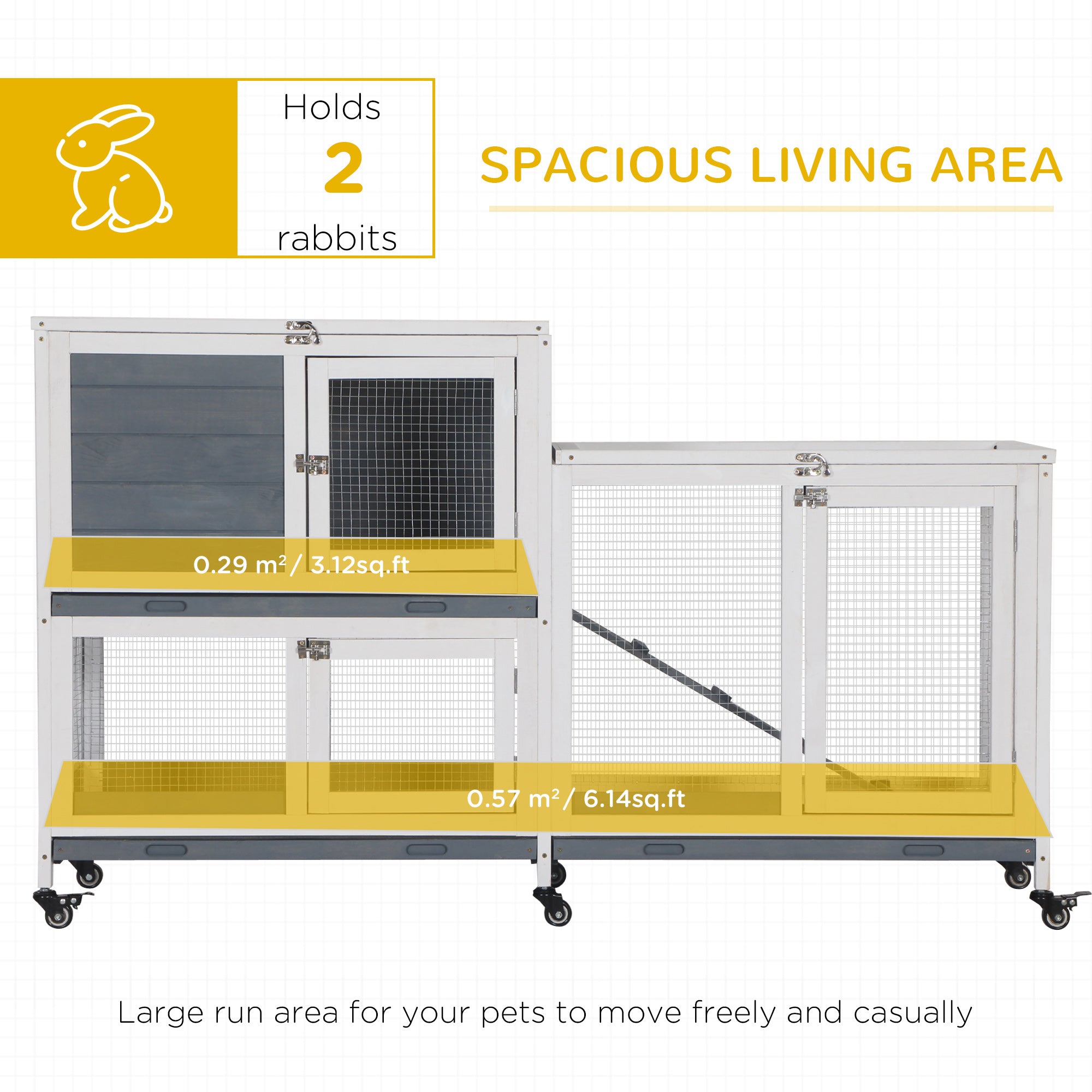 Wooden Rabbit Hutch Bunny Hutch Elevated Pet House Cage Small Animal Habitat with No Leak Tray Lockable Door Openable Top for Rabbits, Chickens, Ducks, Indoor 57.75" x 18" x 32.5" Gray