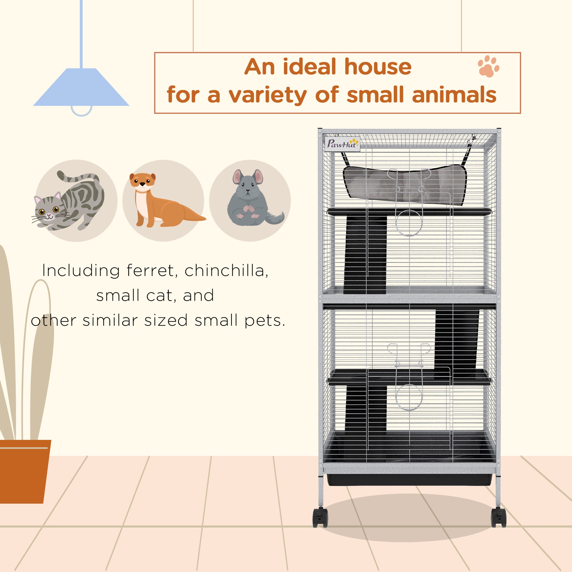45" H Rolling Small Animal Cage with Hammock, Ferret Cage, Chinchilla Cage, Pet Habitat with 6 Doors, Removable Tray