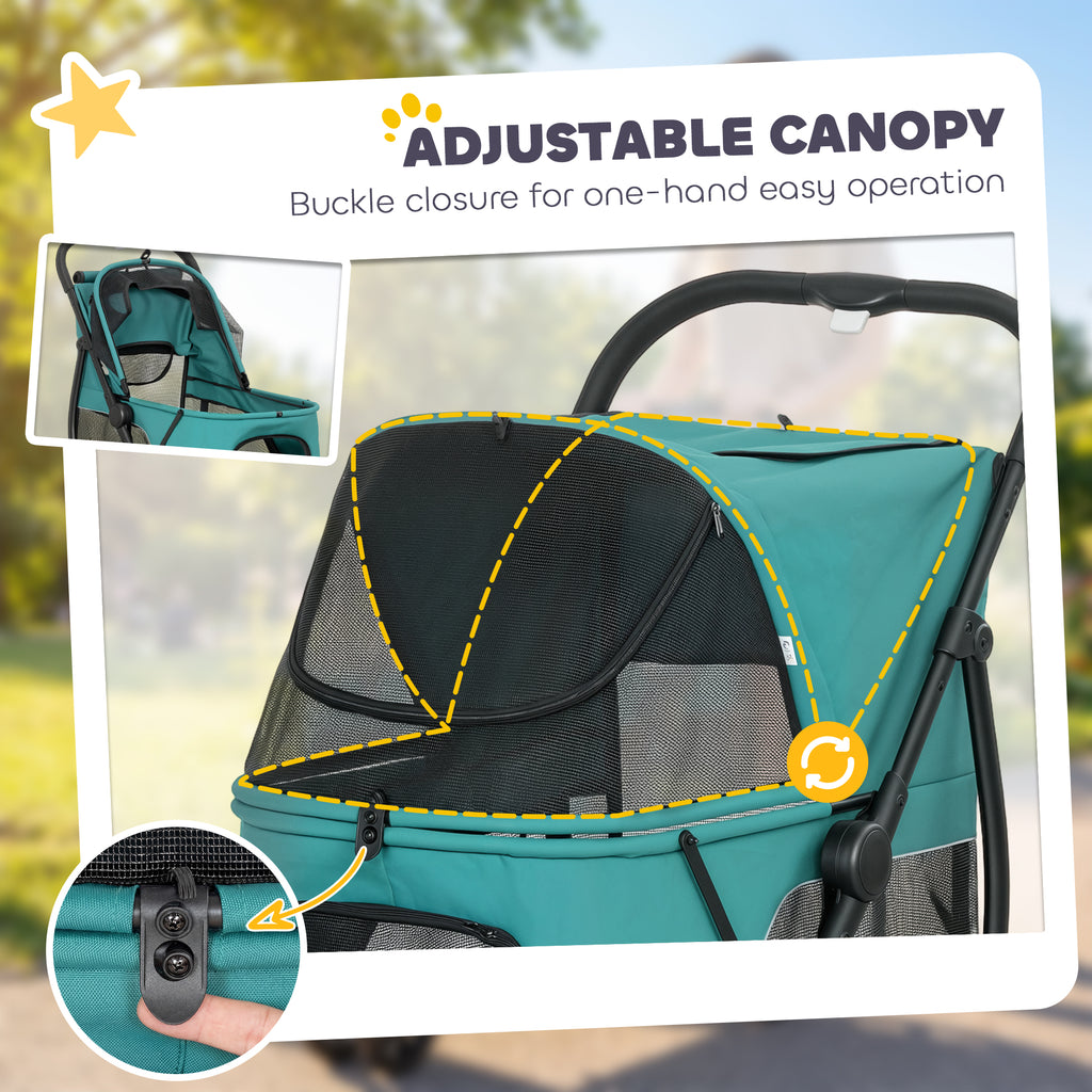 3 Wheel Pet Stroller with Easy One-Click Quick Fold, Mesh Window, Washable Cushion, for Medium Dogs, Dark Green