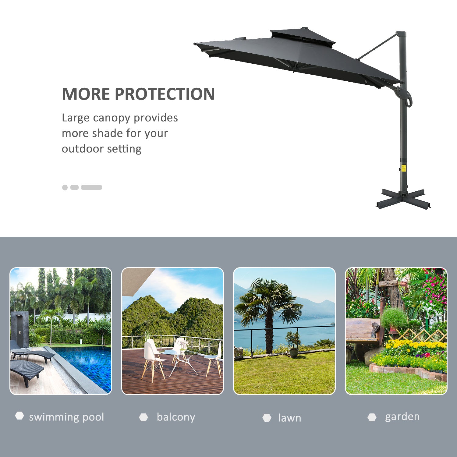 10ft Offset Patio Umbrella, Hanging Cantilever Umbrella, Square Shape, Aluminum Cross Base, Tilt, 360-Degree Rotation, Gray