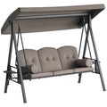 3-Seat Patio Swing Chair, Outdoor Porch Swing Glider with Adjustable Canopy, Removable Cushion, Pillows and Side Trays, for Garden, Poolside, Backyard, Brown