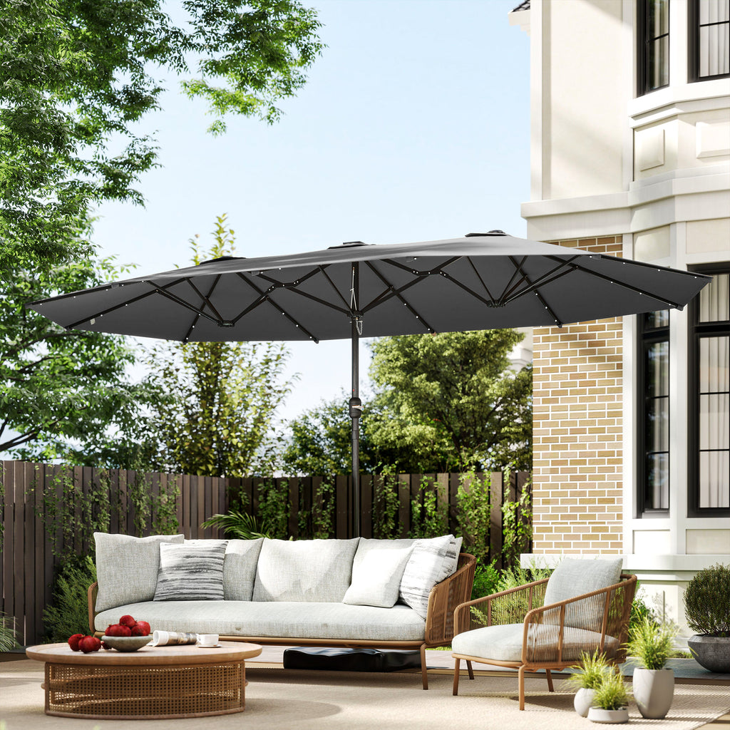 Garden Parasol 14.4ft Double-Sided Sun Umbrella with Base, Patio Parasol with LED Solar Lights, Gray