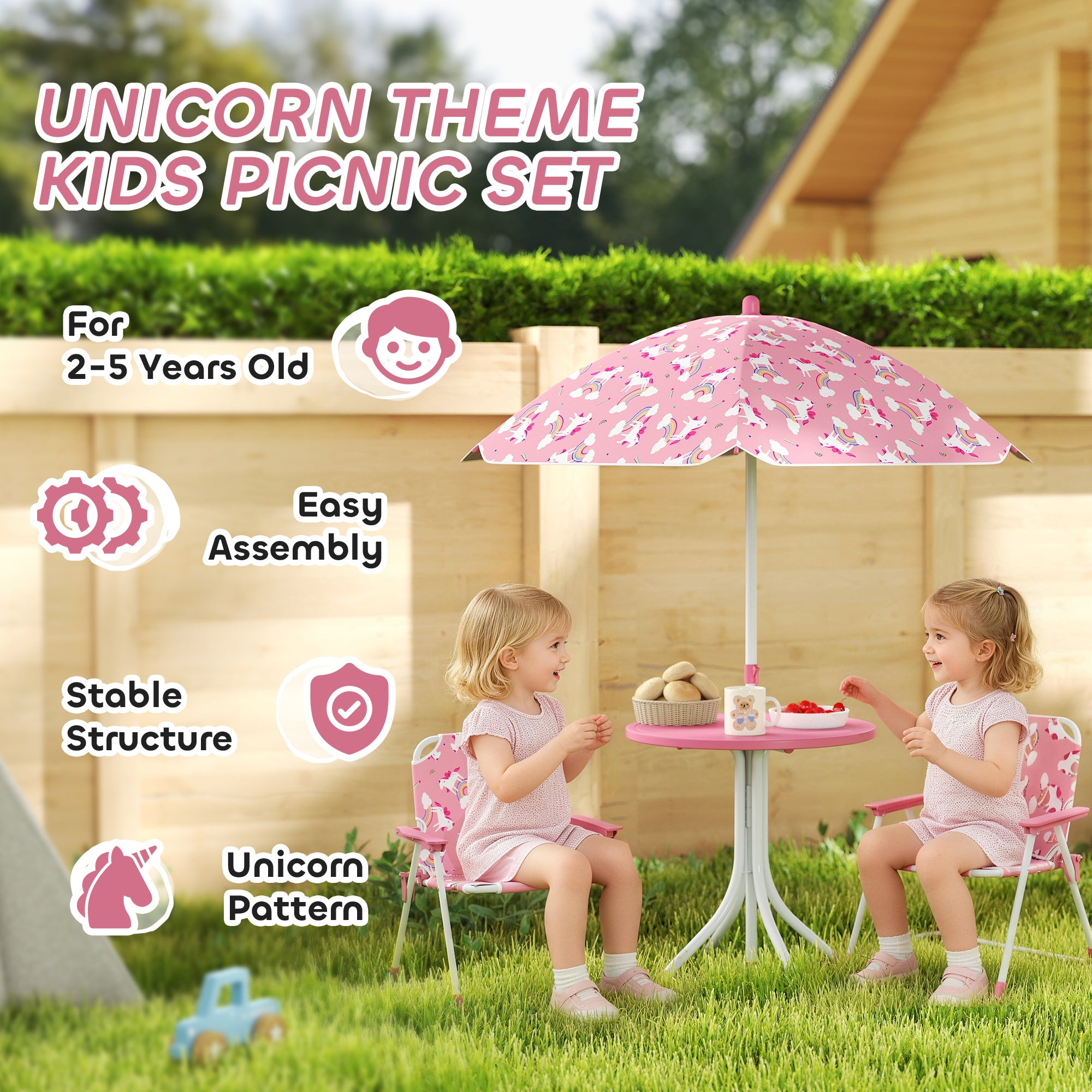 Kids Picnic Table, Kids Table and Chair Set with 2 Folding Chairs and Umbrella for Backyard, Garden, Patio, Pink