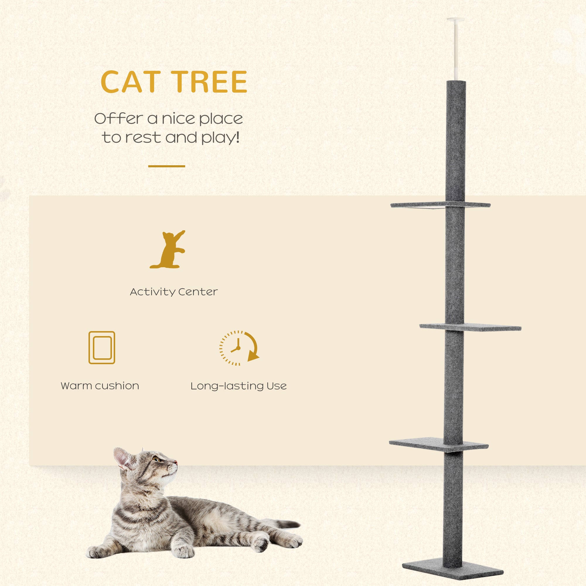 Floor-to-Ceiling Cat Tree Cat Climbing Tower with Sisal-Covered Scratching Posts Natural Cat Activity Center for kittens Cat tower furniture, Gray