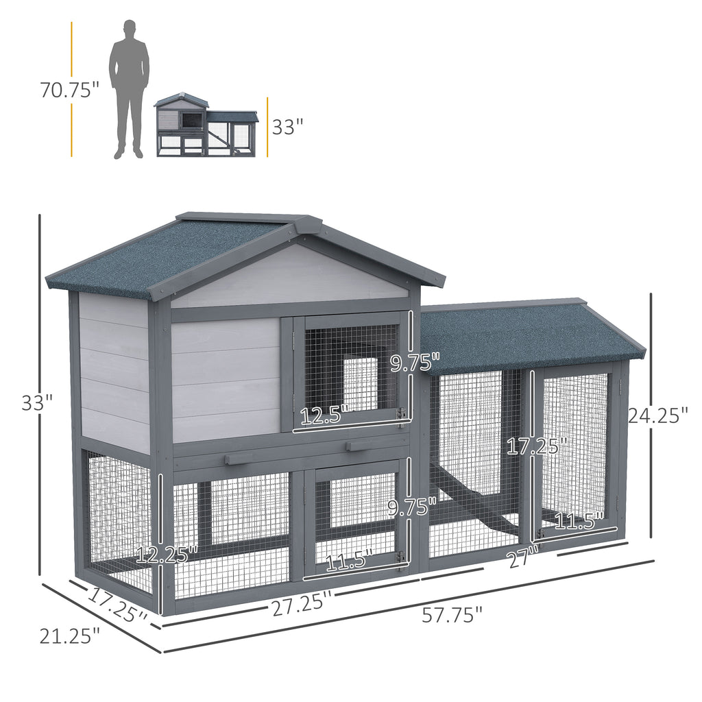 58" Large Rabbit Hutch Outdoor Indoor, Wooden Bunny Hutch, Guinea Pig Cage with Run, Removable Tray, Asphalt Roof, Lockable Doors and Ramp, for 1-2 Small Rabbits, Chickens, Ducks, Dark Gray