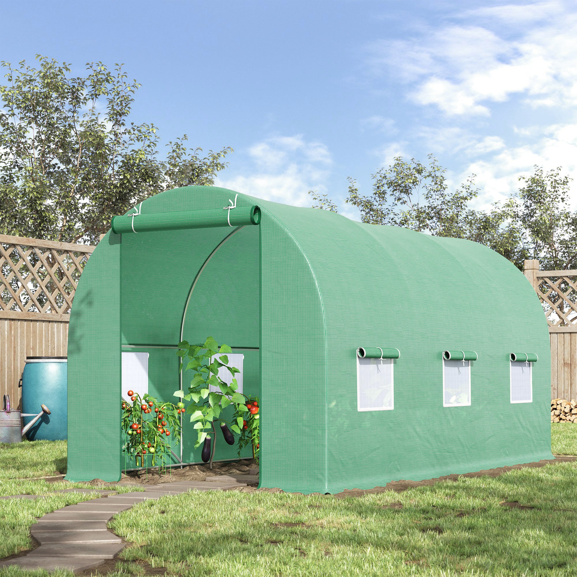 15' x 7' x 7' Walk-in Tunnel Hoop Greenhouse, Green House for Outside with PE Cover, Steel Frame, Roll-Up Zipper Door & Windows for Flowers, Vegetables, Tropical Plants, Green