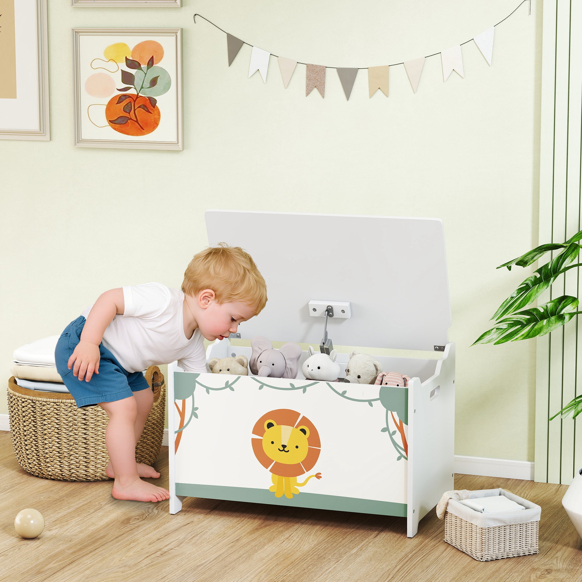 Toy Box with Lid, Safety Hinges and Groove Handles, Toy Storage Organizer for Kids, Living Room, Playroom, Green