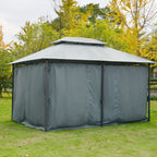 10' x 13' Outdoor Soft Top Gazebo Pergola with Curtains, 2-Tier Steel Frame Gazebo for Patio, Sage Gray