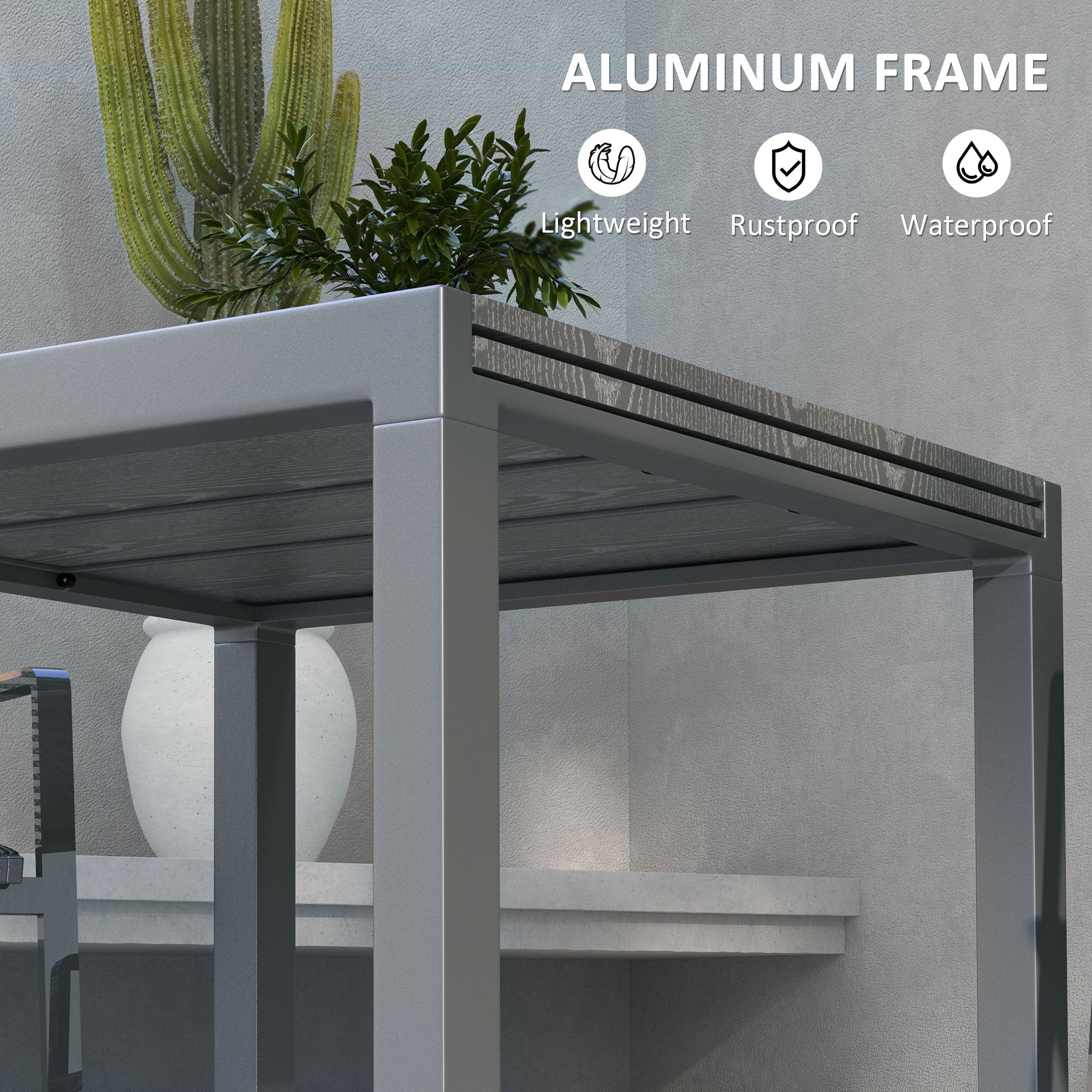 Patio Table for 6-8 People, Aluminum Frame Rectangle Garden Table with Wood Effect Steel Top, for Backyard, Dark Gray