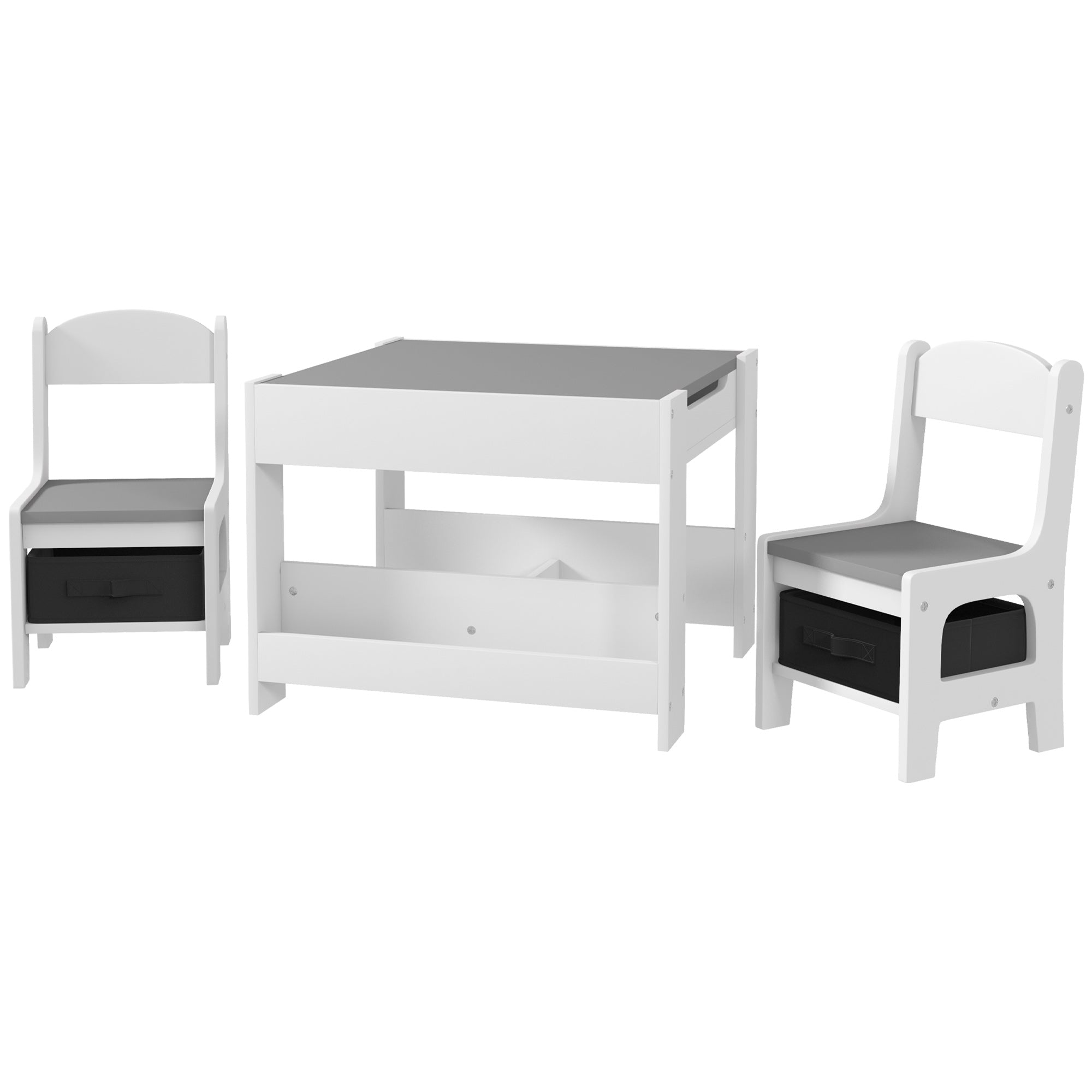 3pc Kids Table and Chair Set with Reversible Tabletop Blackboard, Storage & Bookshelves, Gray