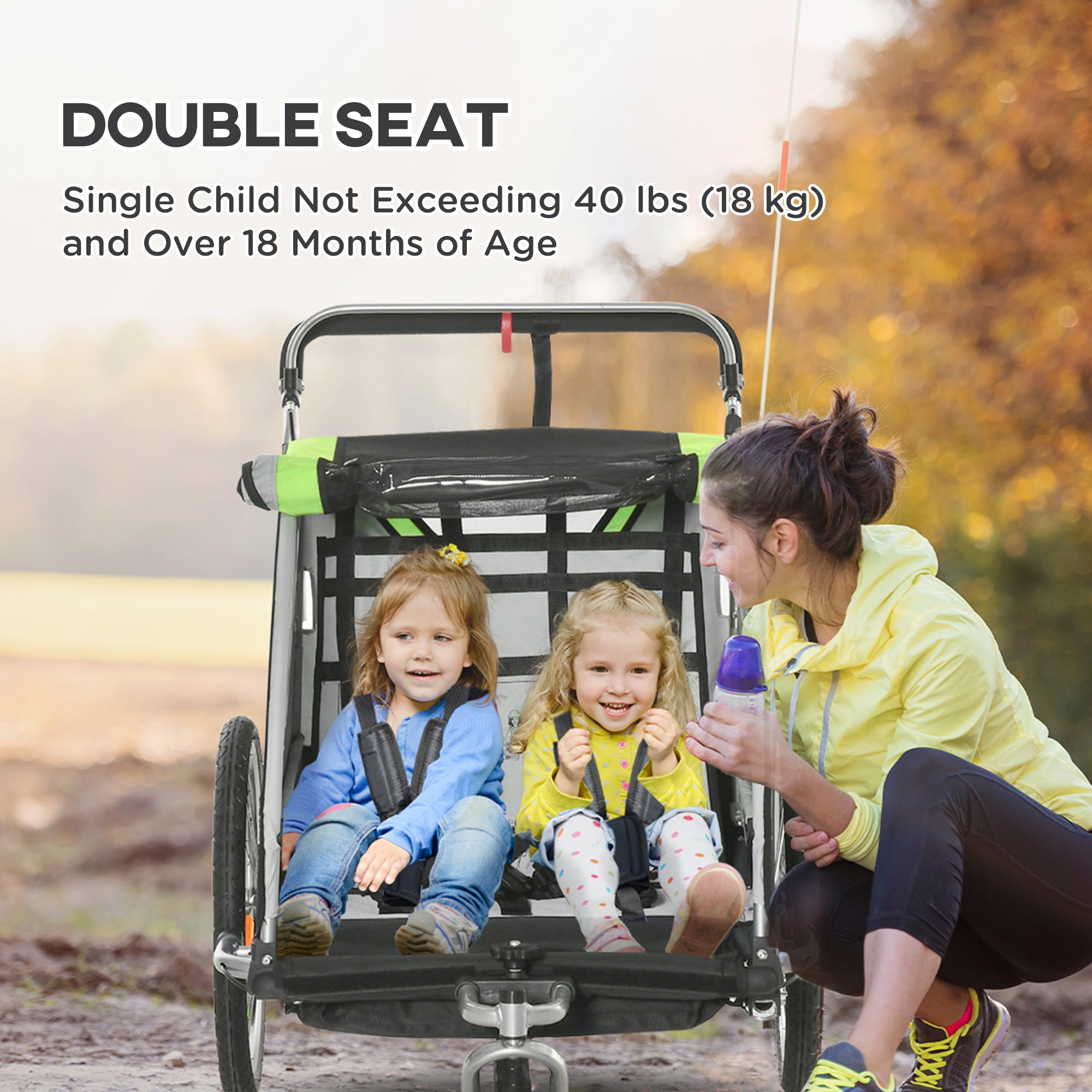 2-in-1 Walk/Ride Child Baby Bike Trailer for Kids 2 Seater, High-Visibility Bike Stroller for Toddler Wagon, Weather-Strong Double Bicycle Trailer Accessory, Green