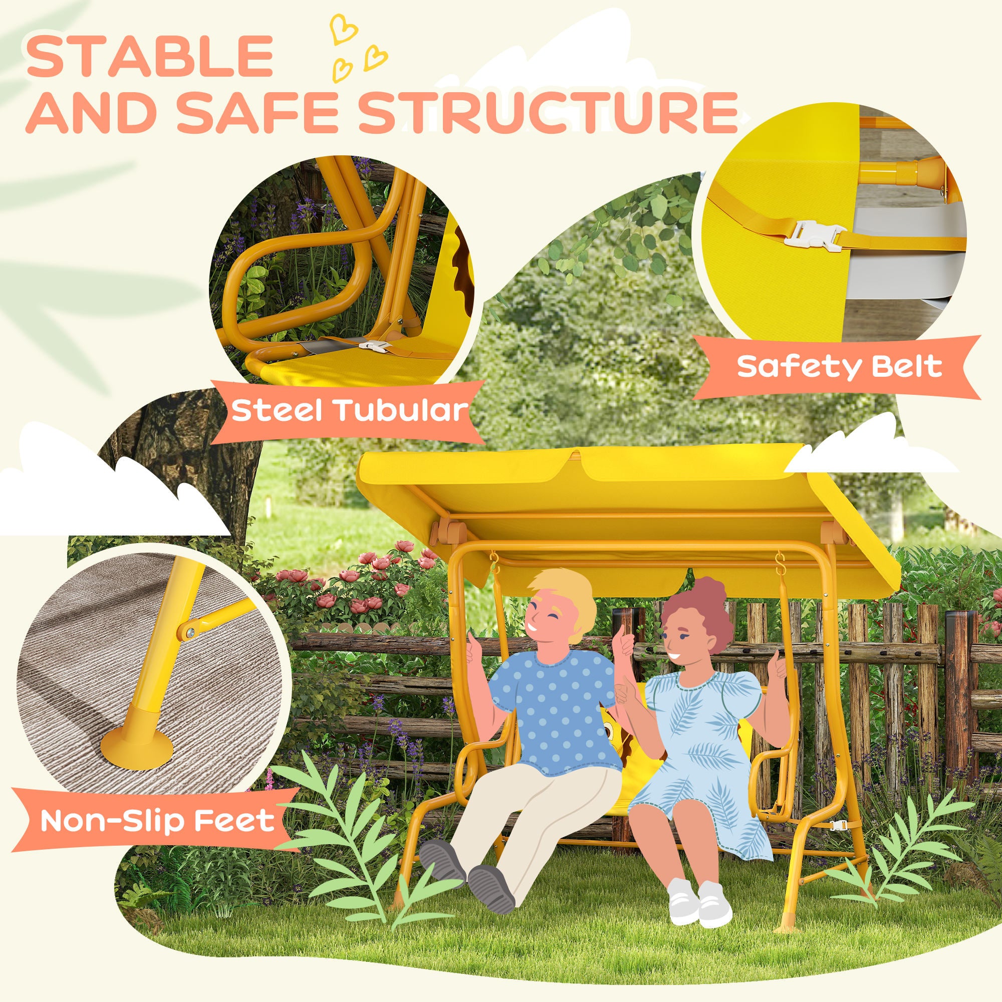 Kids Patio Swing Chair with Adjustable Canopy, Safety Belt for Patio, Garden, Poolside, Balcony, Yellow