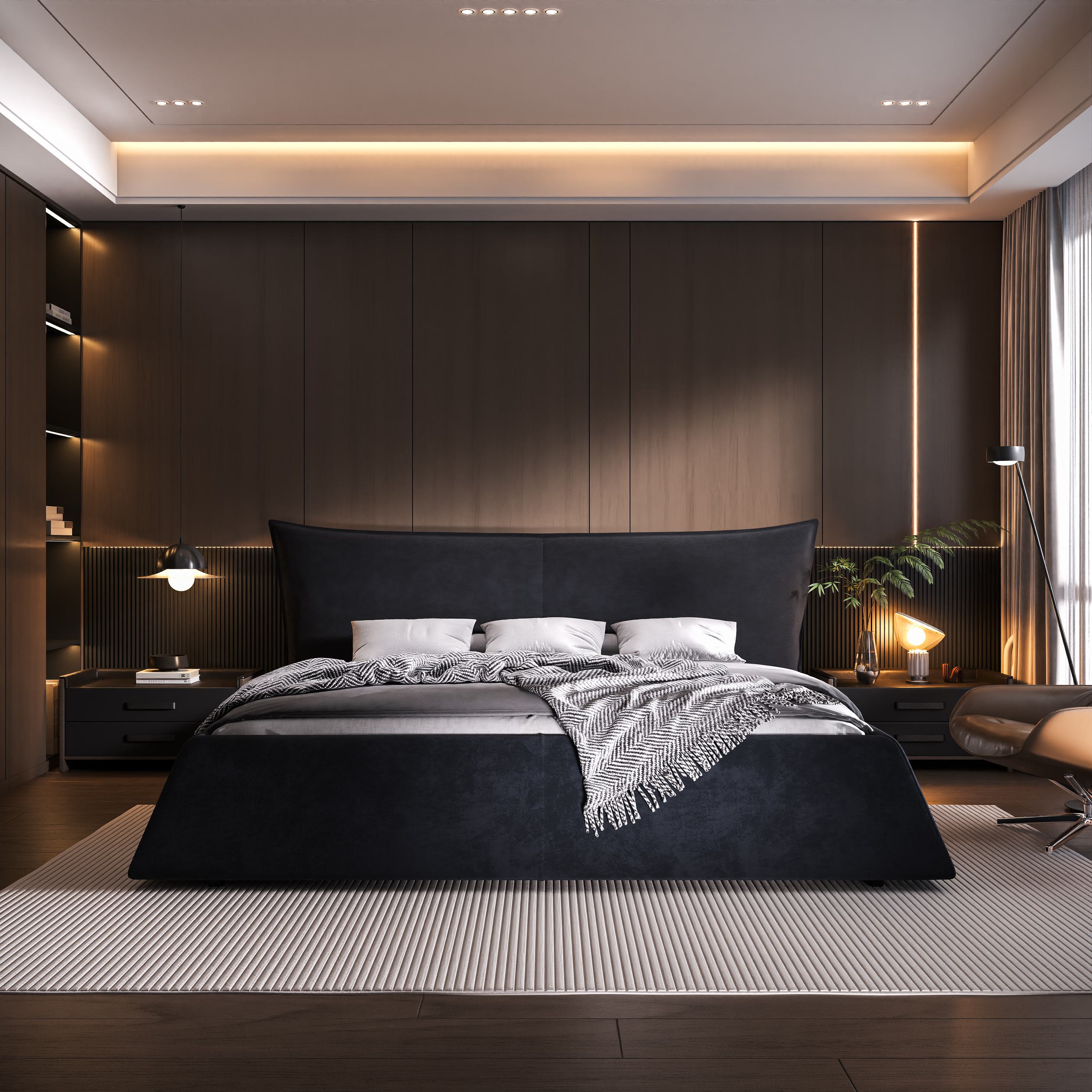 King Size Upholstered Platform Bed with Velvet Headboard, Metal & Solid Wood Frame, 97.5" L x 93" W x 42" H, Black