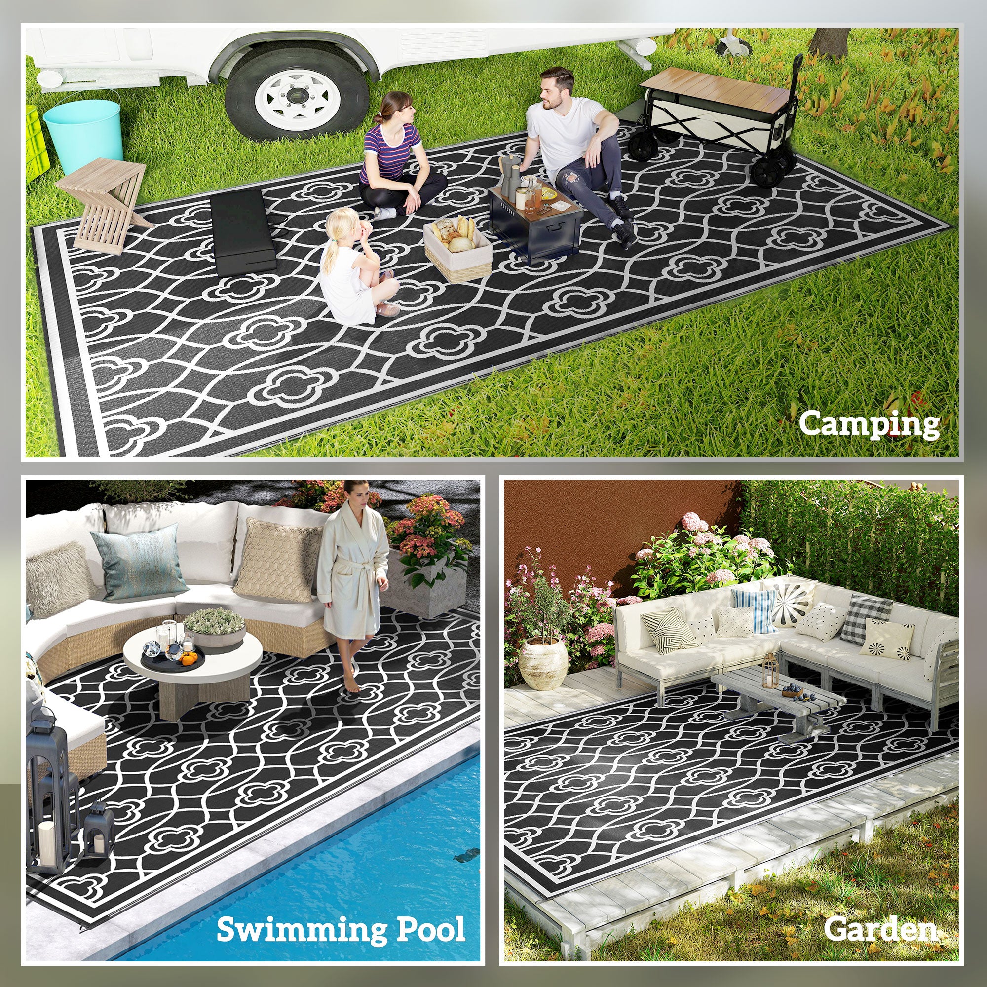 Reversible Outdoor Rug, Waterproof Plastic Straw with Carry Bag, 9' x 18', Black & White Lantern
