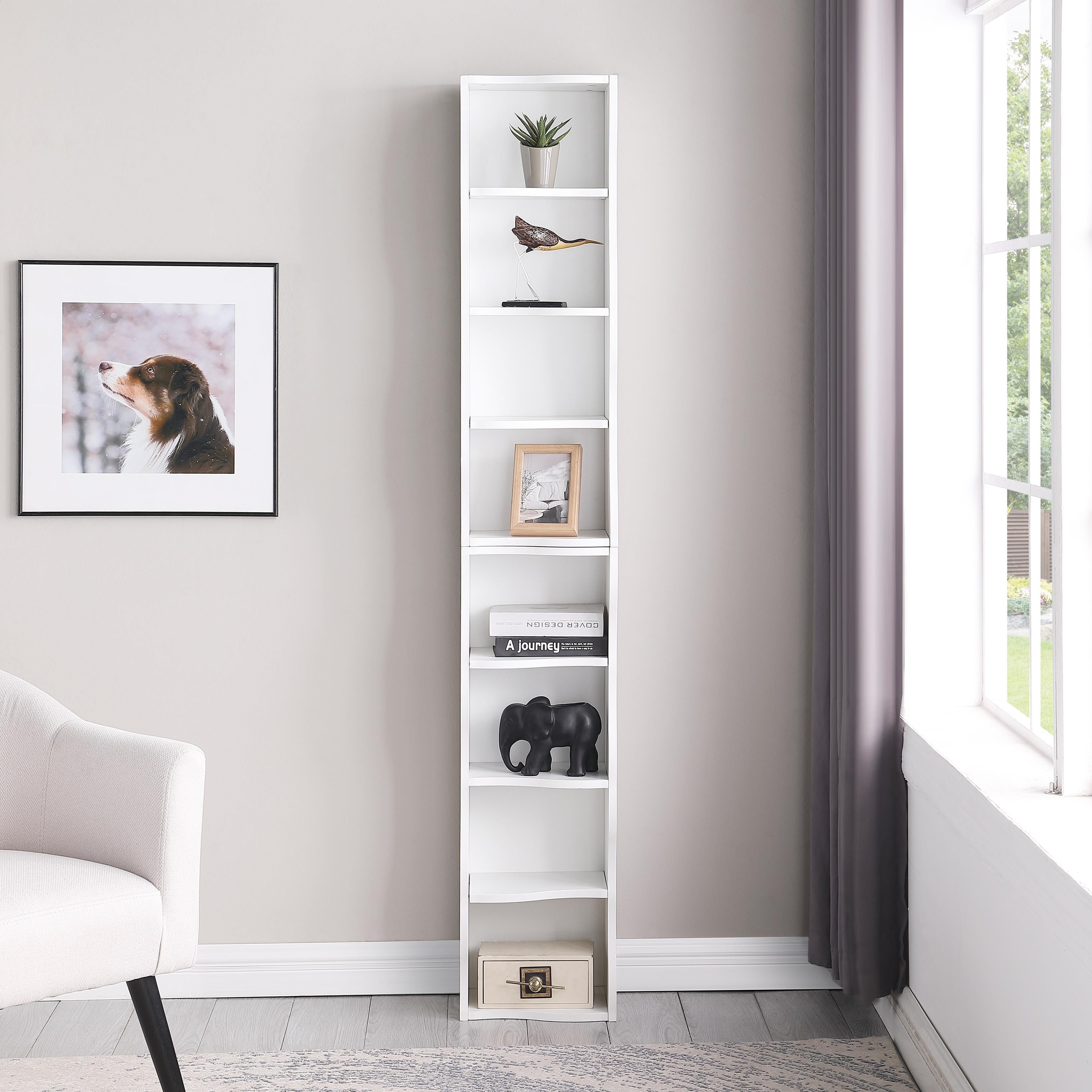 8-Tier Adjustable Slim Bookcase with Wavy Edge Design, Anti-Tip Hardware, Detachable Cabinets for Home Storage, 11.5" L x 9.5" W x 71" H, White
