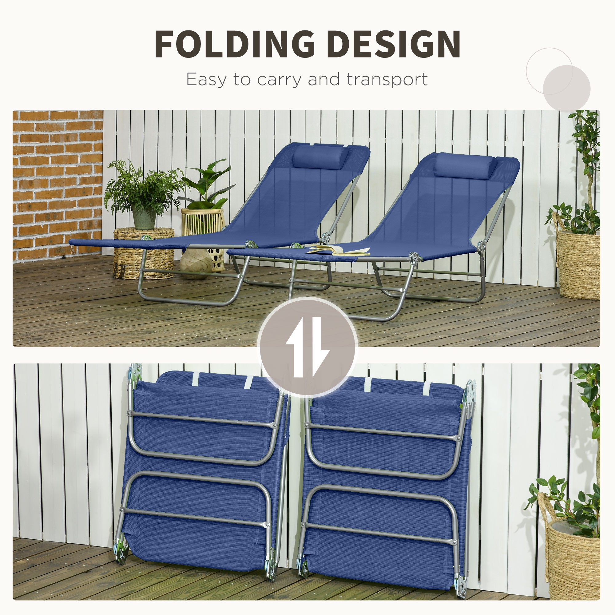 2 Piece Sun Loungers, Folding Chaise Lounge Chairs with Reclining Back, Breathable Mesh Seat, Headrest, Dark Blue