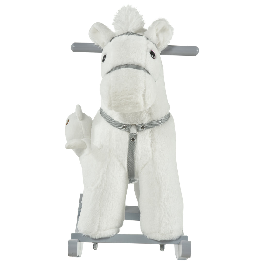 Kids Rocking Horse with Bear Toy, Plush Animal Rocker with Fun Realistic Sounds for Toddler 18-36 Months, White