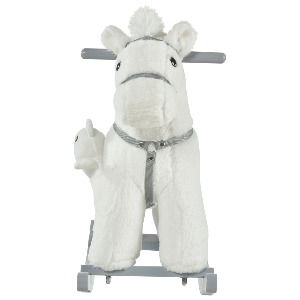 Kids Rocking Horse with Bear Toy, Plush Animal Rocker with Fun Realistic Sounds for Toddler 18-36 Months, White