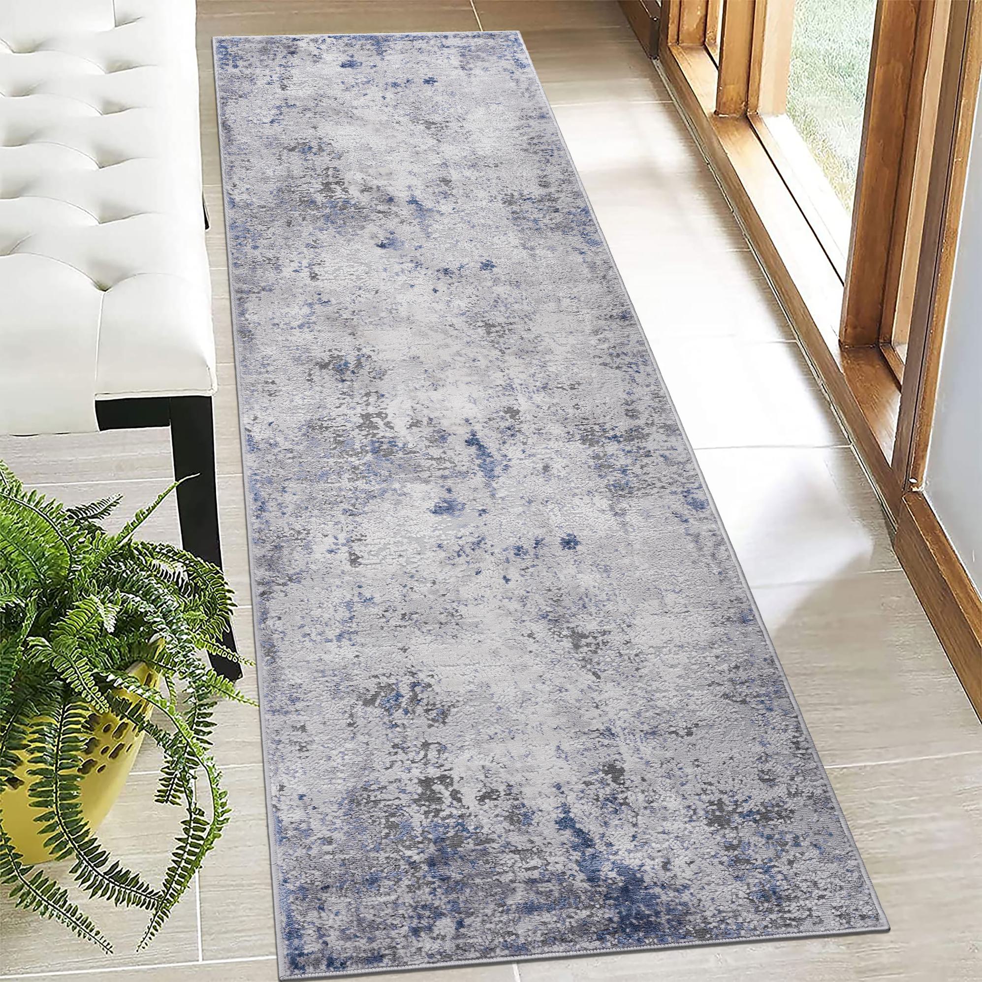 Naar 2x8 Abstract Stain-Resistant Area Rug with Non-Shedding Design, Carpet for Living Room, Bedroom, Home Office, 96" L x 26" W x 0.35" H, Silver