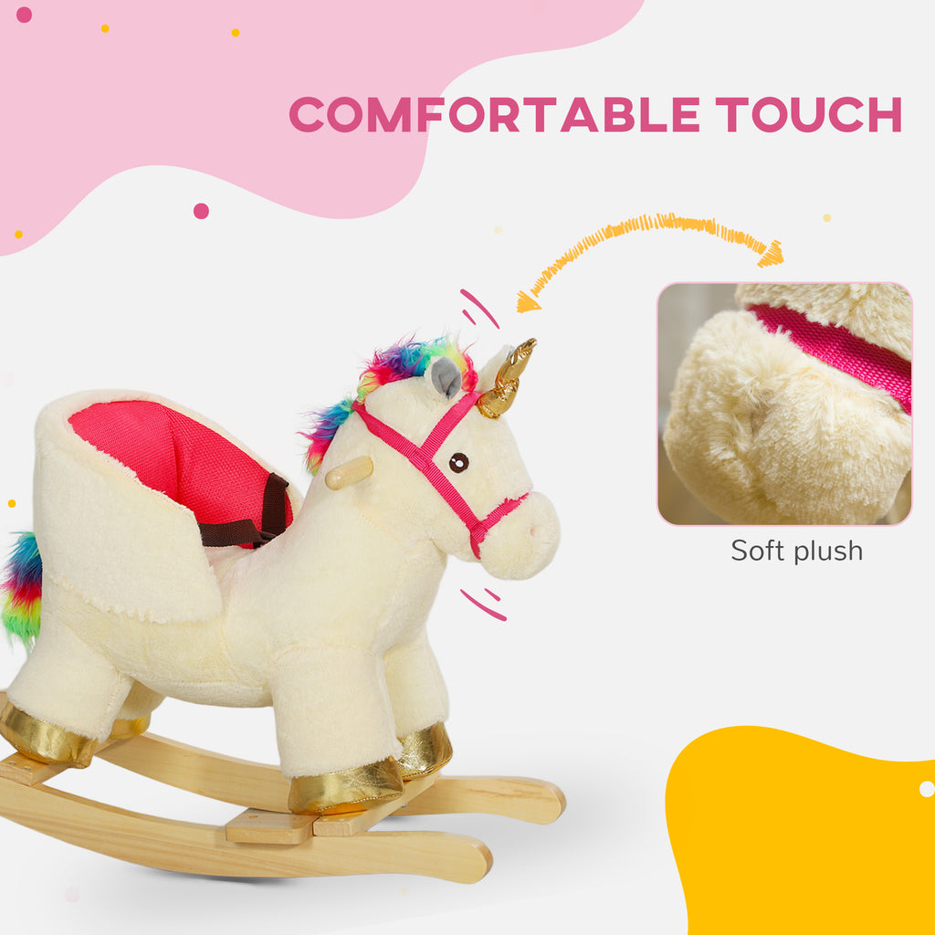 Kids Rocking Horse, Unicorn with Realistic Sound, Safety Belt & Wooden Base for 18-36 Months