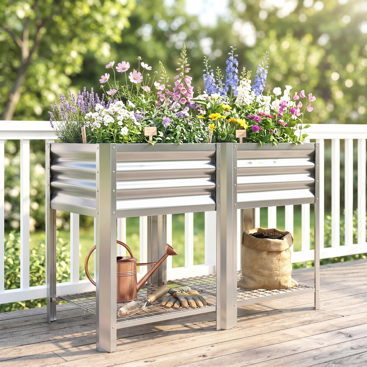 Raised Garden Bed Galvanized Steel, Elevated Planter Box with Storage Shelf, Bed Liner, 31.5" High, Silver