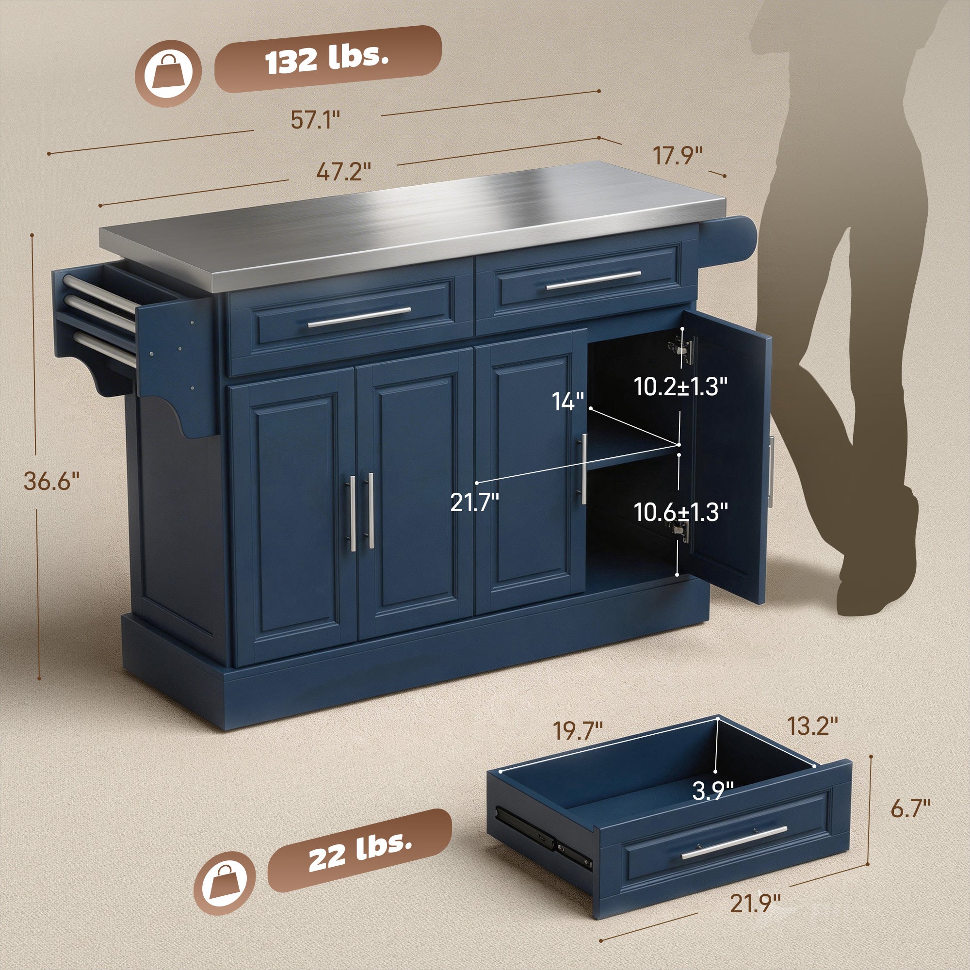 Rolling Kitchen Island with Stainless Steel Top, 2 Drawers, Spice, Knife and Towel Rack and Cabinets, Navy Blue