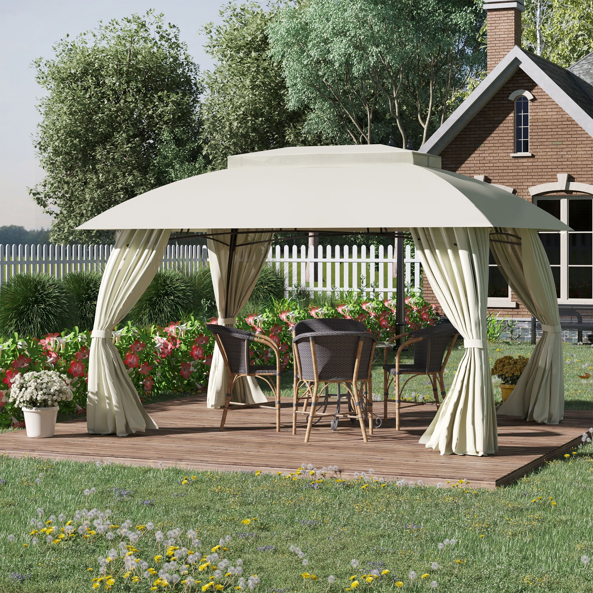 10' x 13' Outdoor Gazebo Patio Gazebo Canopy, Double Vented Roof, Steel Frame, Curtain Sidewalls, Sun Shade Shelter for Garden, Lawn, Backyard, Deck, Beige