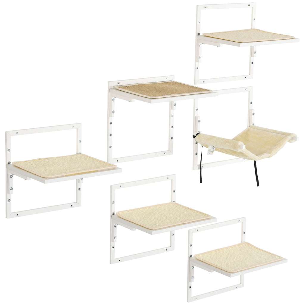 Cat Shelves for Indoor Cats, 6Pc Modern Cat Wall Furniture with Adjustable Height Jumping Platforms & Hammock, Cream White