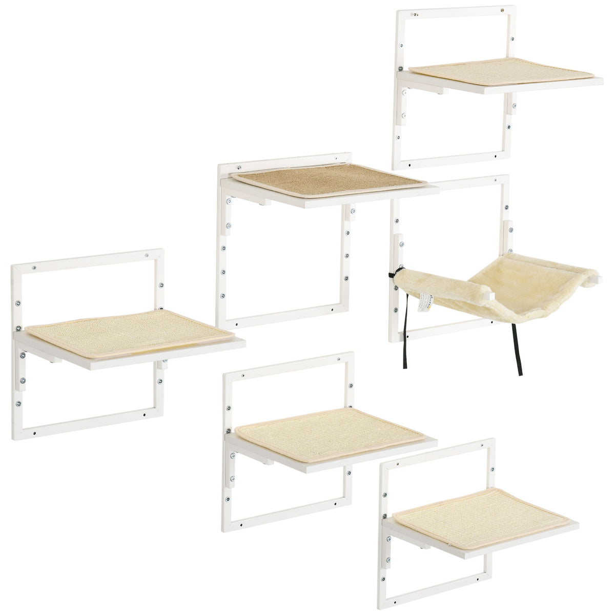 Cat Shelves for Indoor Cats, 6Pc Modern Cat Wall Furniture with Adjustable Height Jumping Platforms & Hammock, Cream White