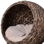 Handwoven Elevated Cat Bed with Rotating Basket and Soft Cushion, Wicker Cat Egg Chair with Stand, Brown