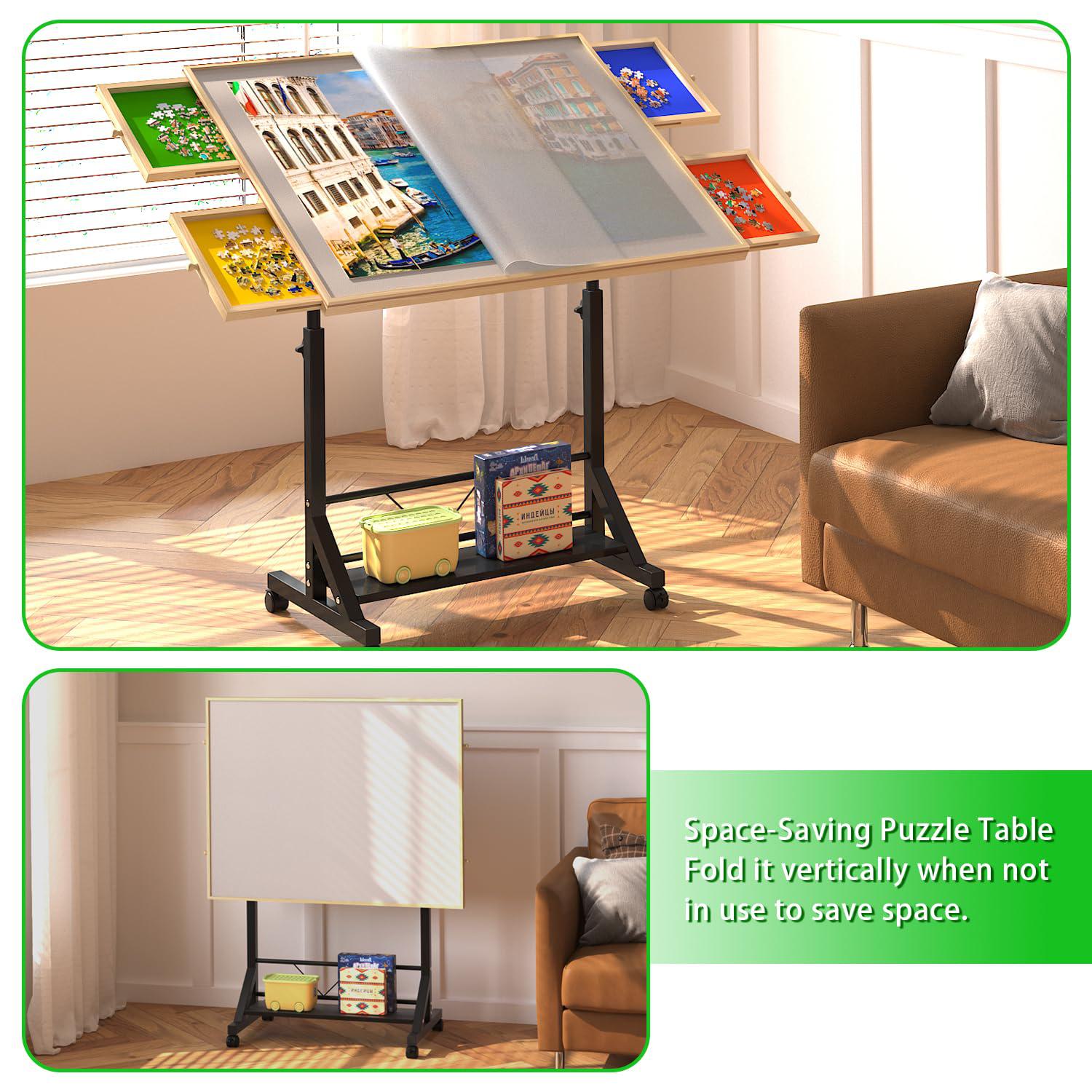 Wooden 1500 Piece Puzzle Table with Drawer, Adjustable Height, Rolling Puzzle Table with Wheels, 35" L x 27" W x 37.5" H, Black+Natural