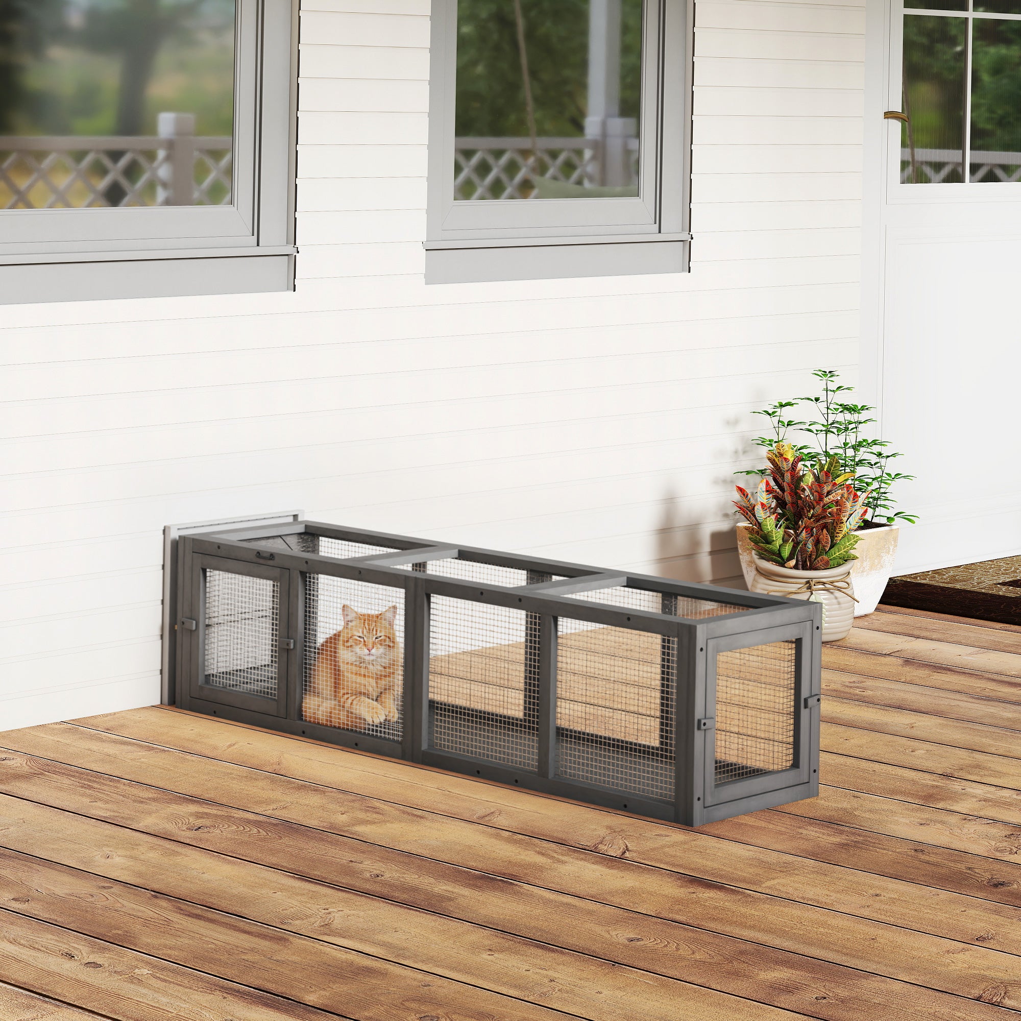 Outdoor Cat Tunnel, 59" Wooden Play Cat Enclosure, Extendable Pet Run with 3 Doors for Kitty, Puppy, Gray