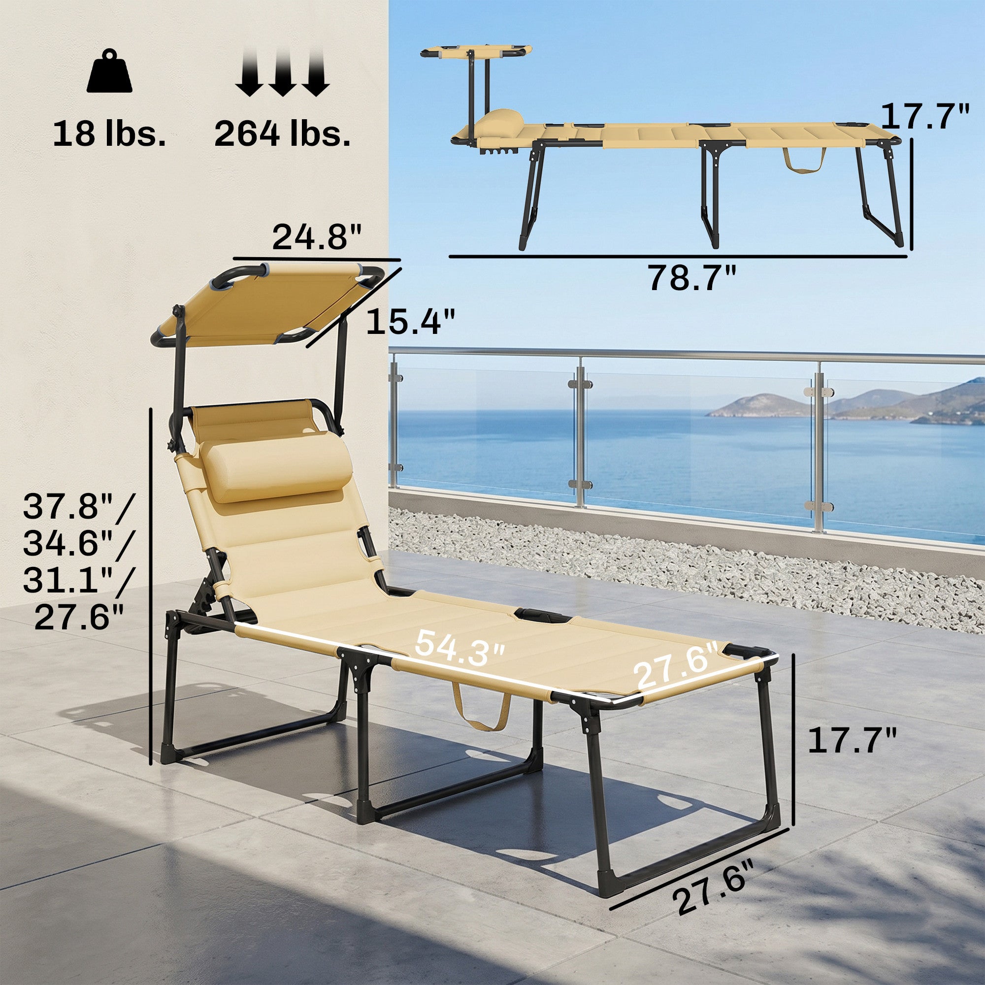 Outdoor Lounge Chair, 4 Position Adjustable Backrest, Folding, Cushioned w/ Sun Shade Roof & Pillow, Cream White