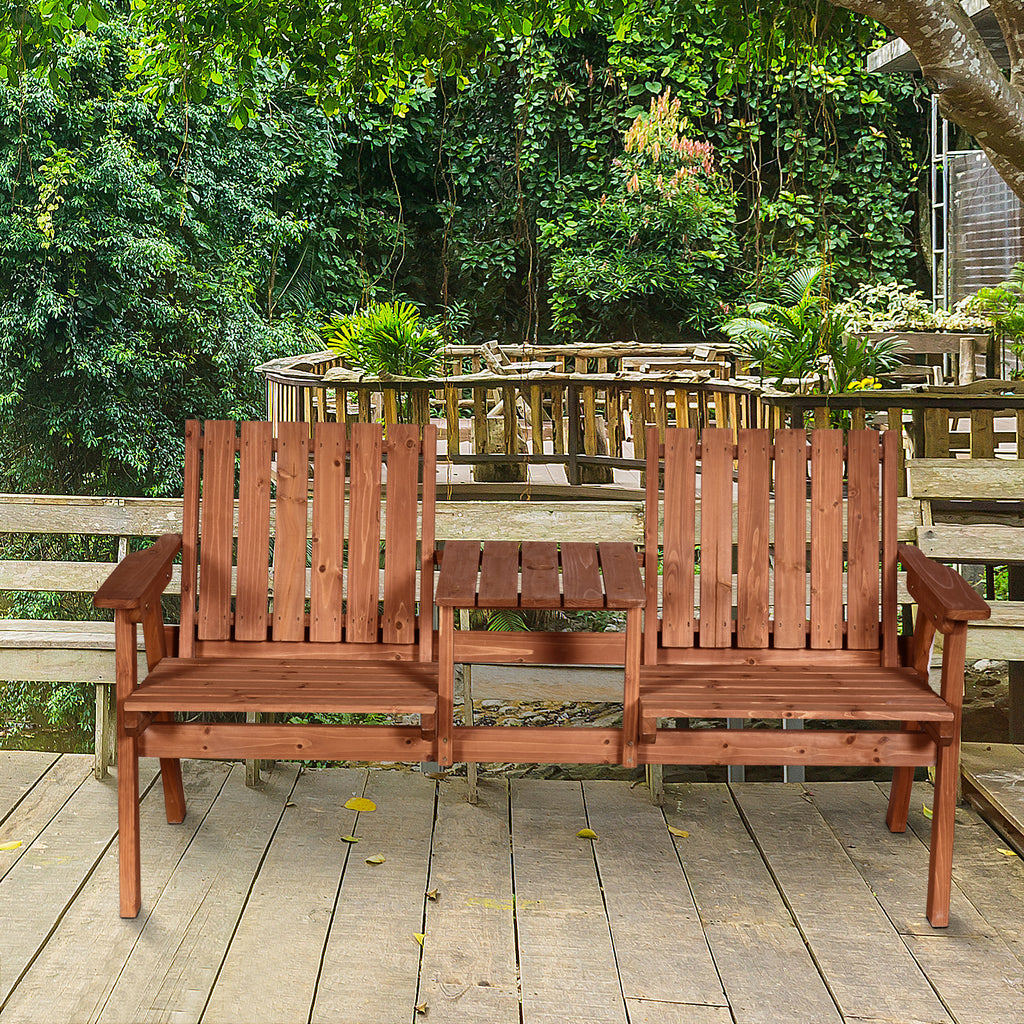 Patio Bench, Garden Bench with Middle Table and Umbrella Hole, Wooden Outdoor Bench for Patio, Porch, Poolside, Balcony, Orange