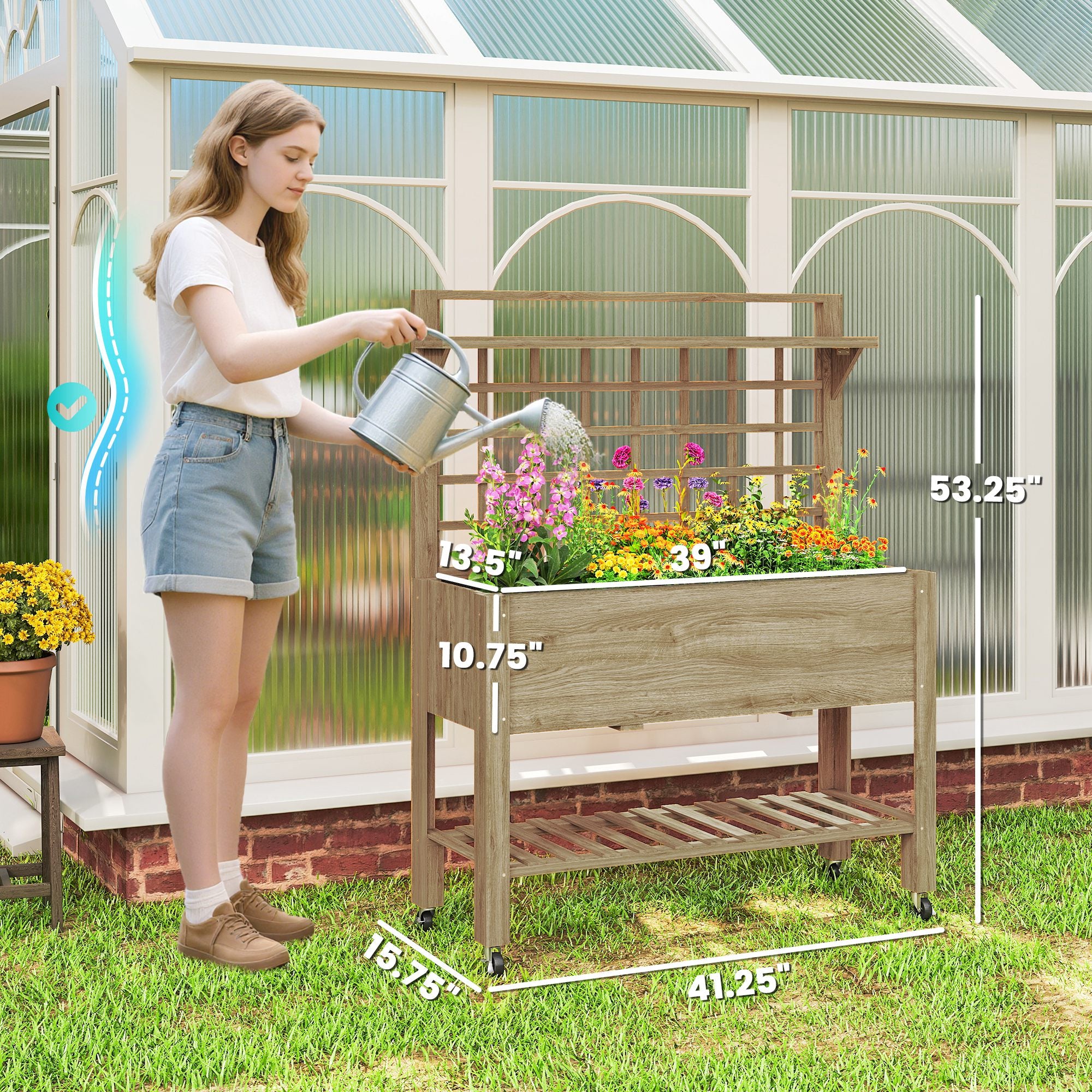 41" Raised Garden Bed Mobile Elevated Wooden Planter Box Stand with Wheels, Trellis and Storage Shelf, Dark Brown