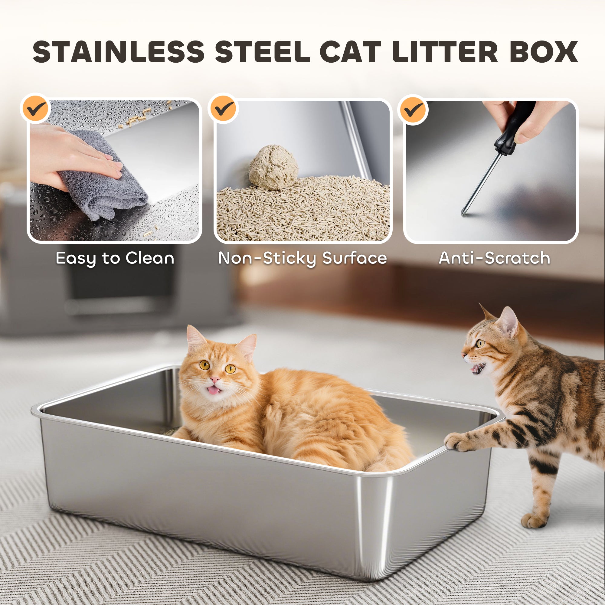 XL Stainless Steel Litter Box w/ 100° Flip Top, Scoop, Top & Side Entry Enclosed Litter Box for Big Cats