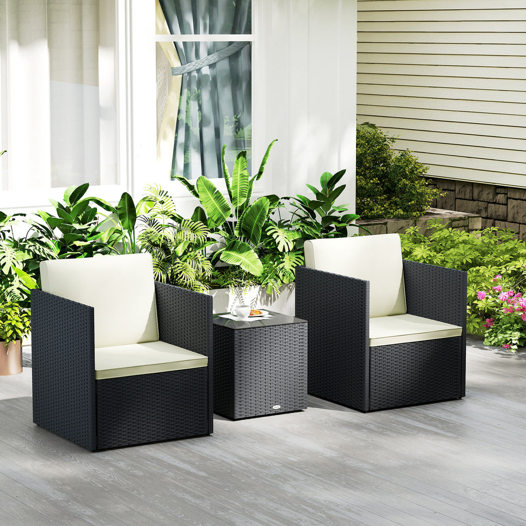 Folding Wicker Bistro Set, 3 Piece Patio Furniture Set with Cushions and Glass Coffee Table for Porch, Balcony, Black