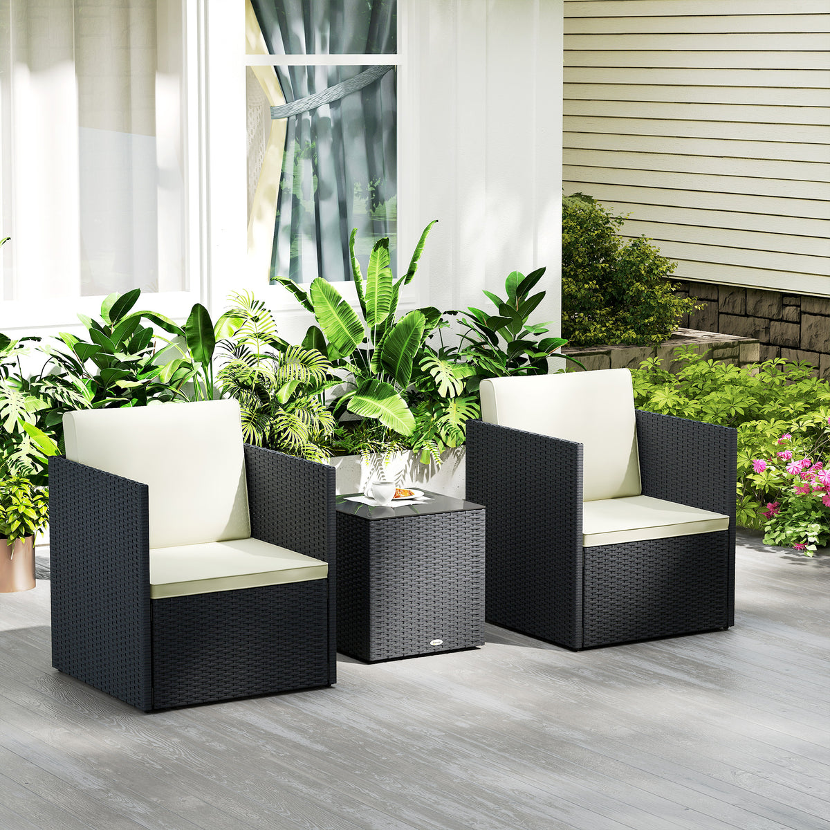 Folding Wicker Bistro Set, 3 Piece Patio Furniture Set with Cushions and Glass Coffee Table for Porch, Balcony, Black