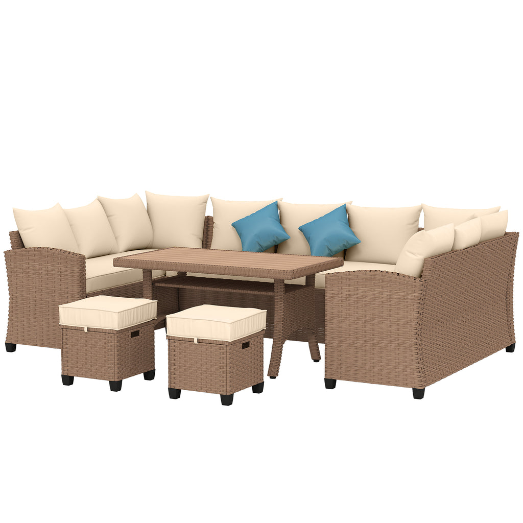 6 Piece Patio Furniture Set, PE Wicker Outdoor Furniture Conversation Set with 3 Sofas, 2 Ottomans and Slatted WPC Top Dining Table, All Weather Sectional Sofa Couch with Pillows, Khaki